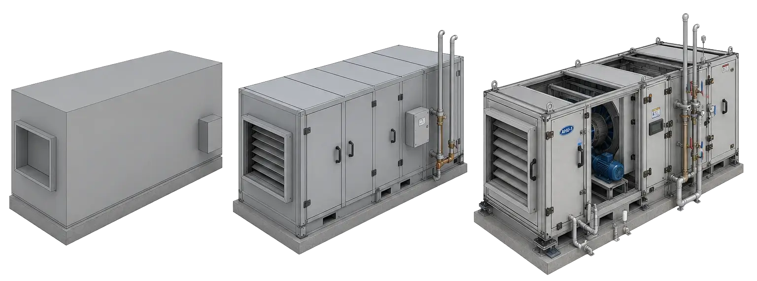 Side-by-side progression of a mechanical Air Handling Unit from LOD 200 concept to LOD 400 fabrication detail.