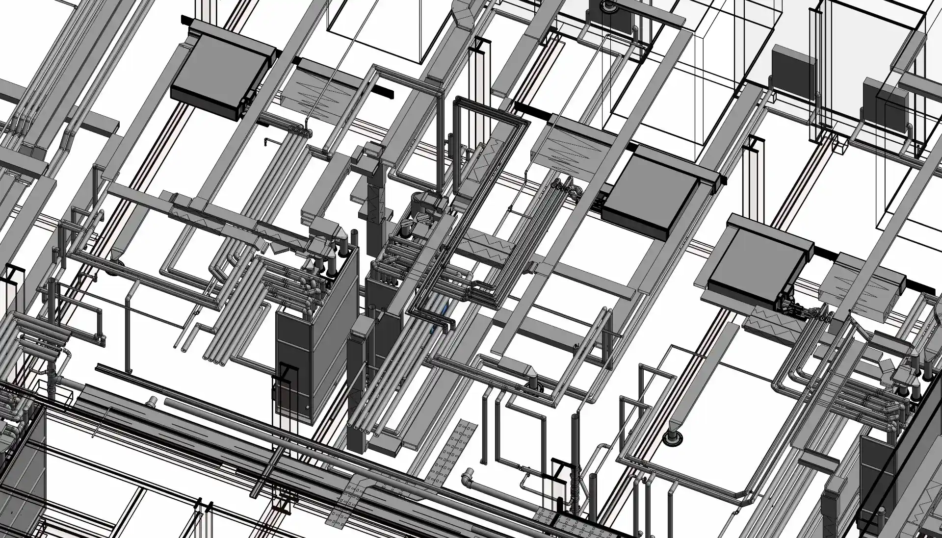 Detailed 3D Revit model highlighting the mechanical pipework, ventilation layouts, and equipment coordination for the residential conversion