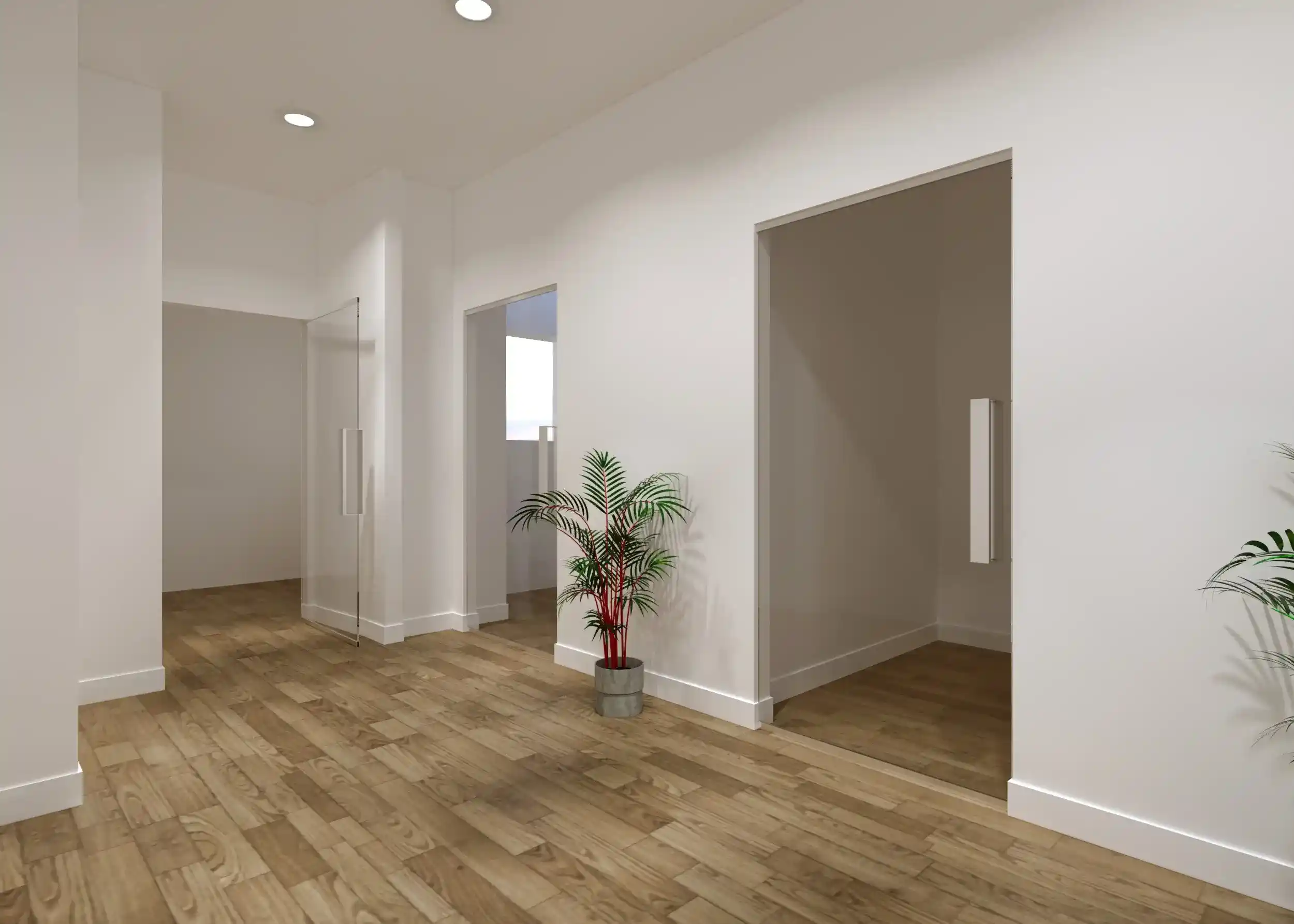 3D architectural rendering of an law firm office hallway, showcasing spatial planning, glass doors, and wood flooring for the Payne Hicks Beach.