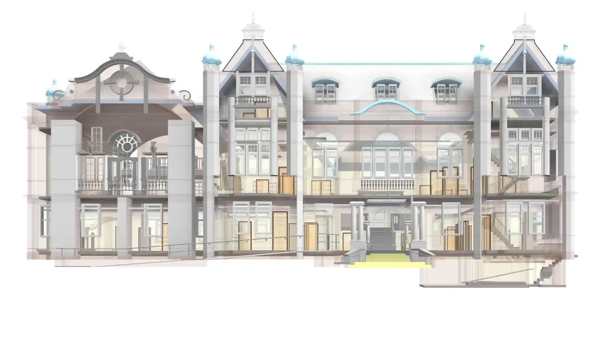 LOD 300 3D Revit model of the UK public town hall, showcasing a cross-section view of interior floors, stairs, and structural elements.