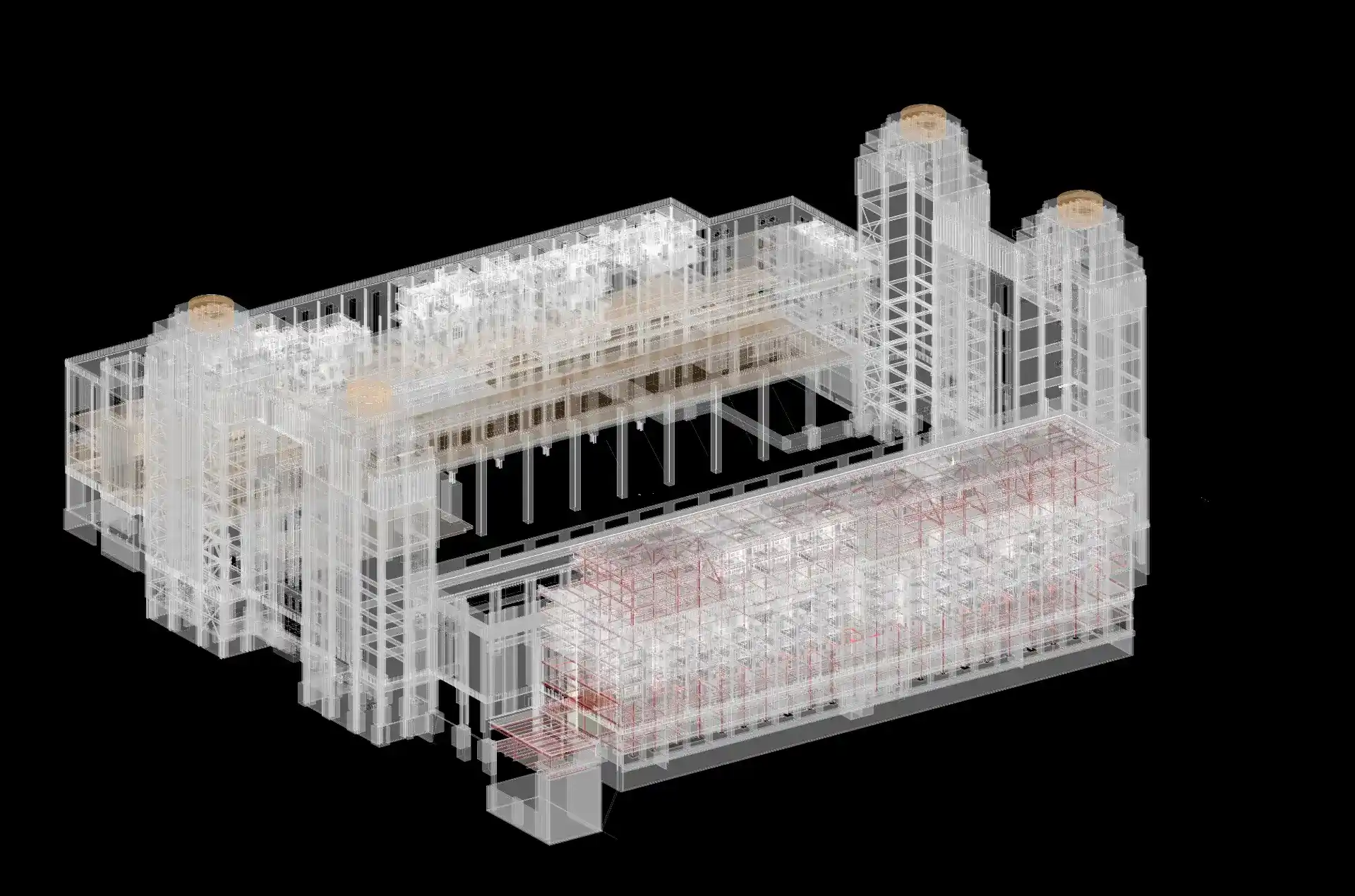 Transparent architectural 3D model of Battersea Power Station revealing the complex internal structural framing prepared for BIM coordination.