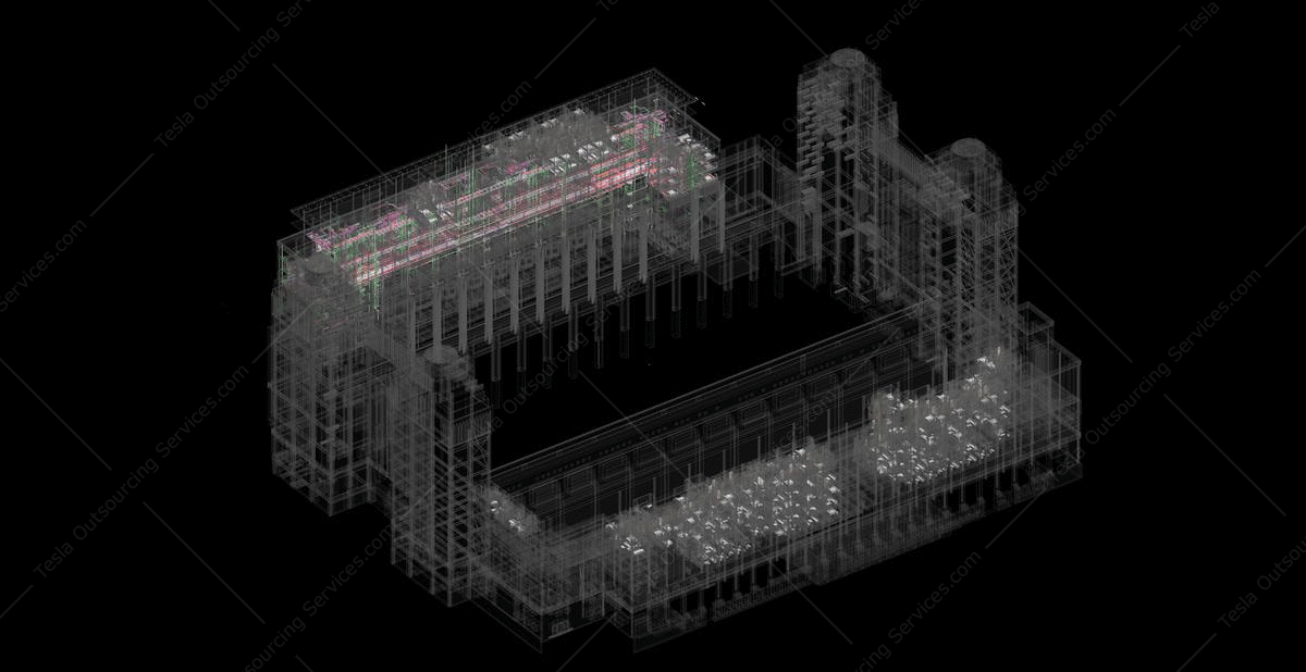 Animated GIF of the final coordinated LOD 350 BIM model for Battersea Power Station, integrating MEP, structural, and architectural elements.