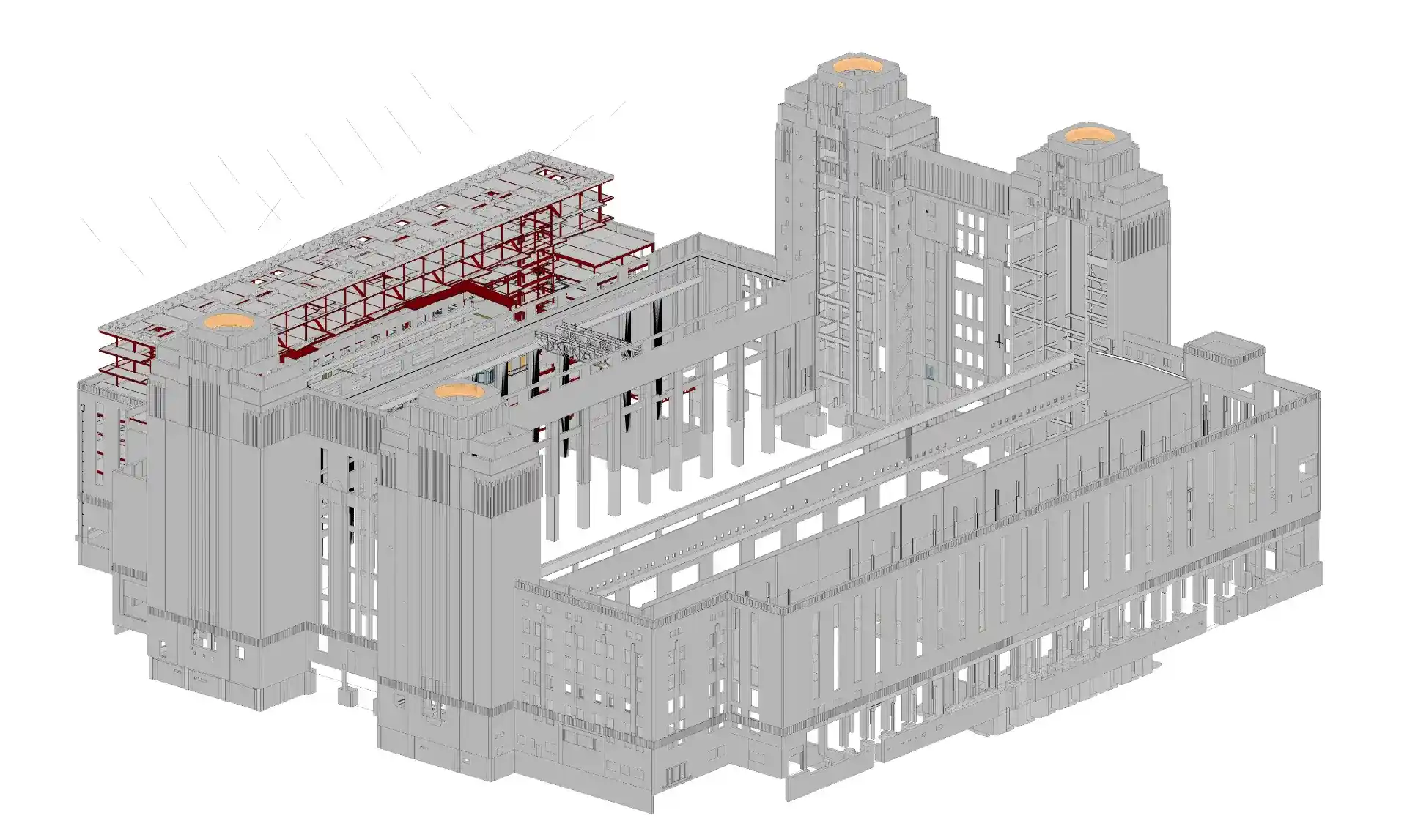LOD 350 structural and architectural 3D Revit model of the Battersea Power Station residential conversion, used for MEP BIM coordination.