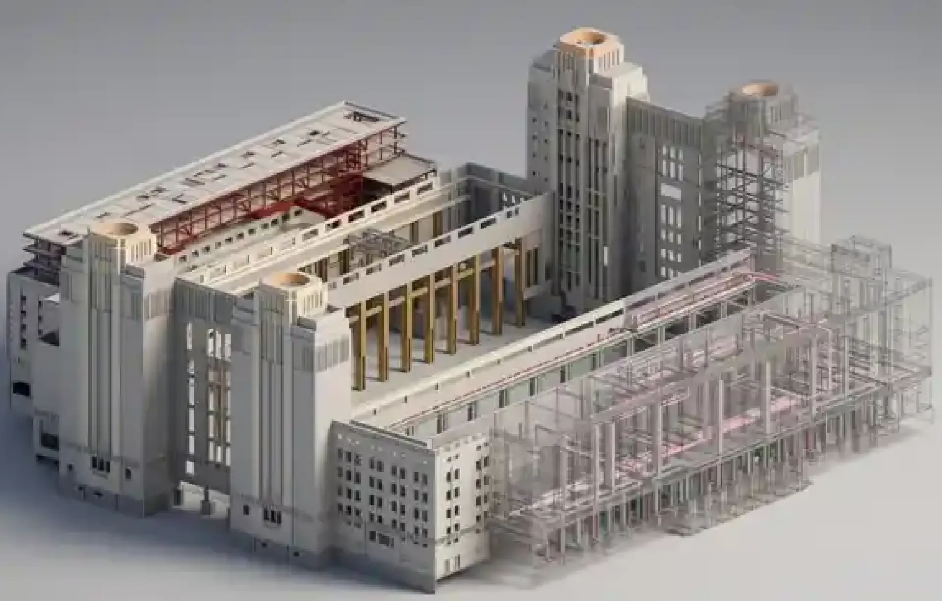 Coordinated LOD 350 BIM model of the UK Battersea Power Station, integrating complex MEP, architectural, and structural building elements.
