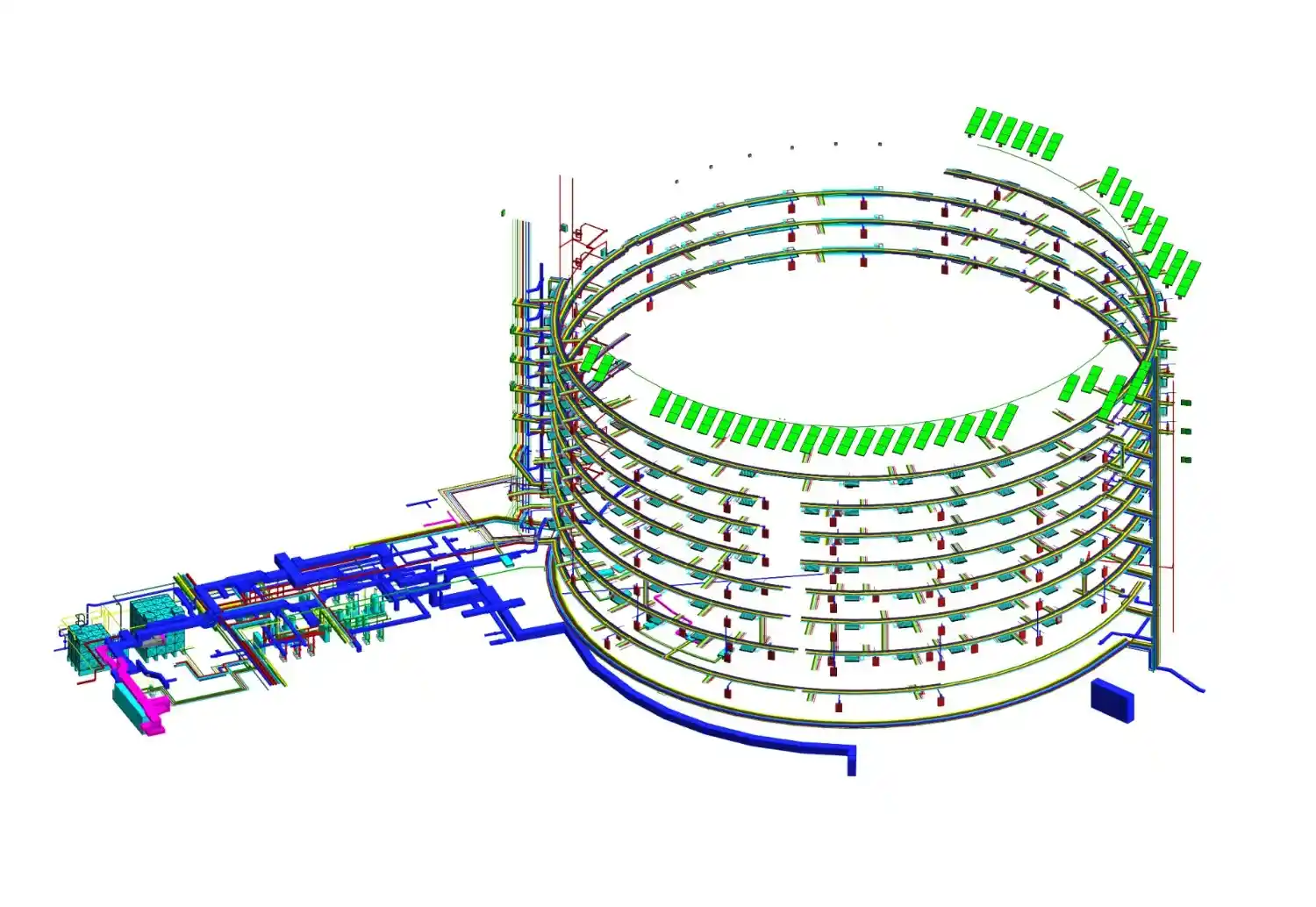 3D wireframe model of the London TVC Tower, highlighting the continuous circular routing of MEP piping across multiple structural floors.