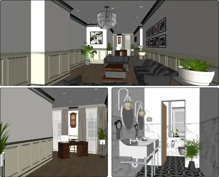 Completed 3D interior renders for Payne Hicks Beach, featuring a stylish office lounge, an executive desk area, and a renovated reception area design.