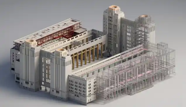 Coordinated LOD 350 BIM model of the UK Battersea Power Station, integrating complex MEP, architectural, and structural building elements.