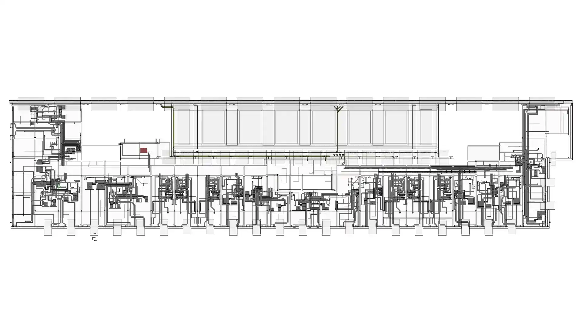Detailed 2D coordinated MEP shop drawing layout for the Battersea residential conversion, displaying precise mechanical and plumbing routes.