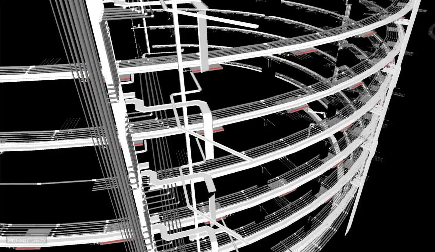 3D model view showcasing the curved installation of MEP cable trays, piping, and ductwork along the TVC Tower corridors.