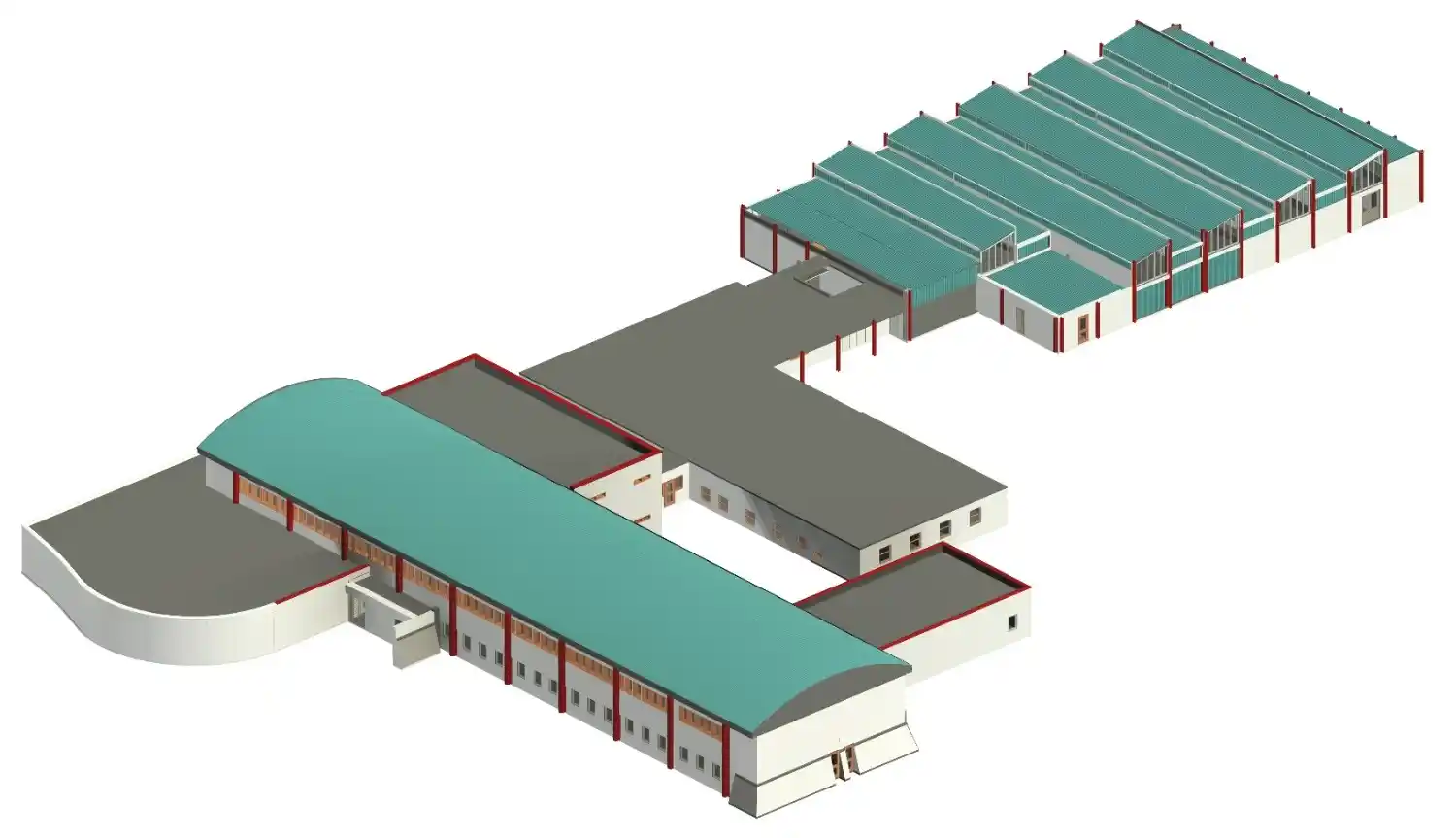 LOD 300 3D Revit model of the UK police complex, detailing the exterior walls, structural columns, and roof of the RCC building.