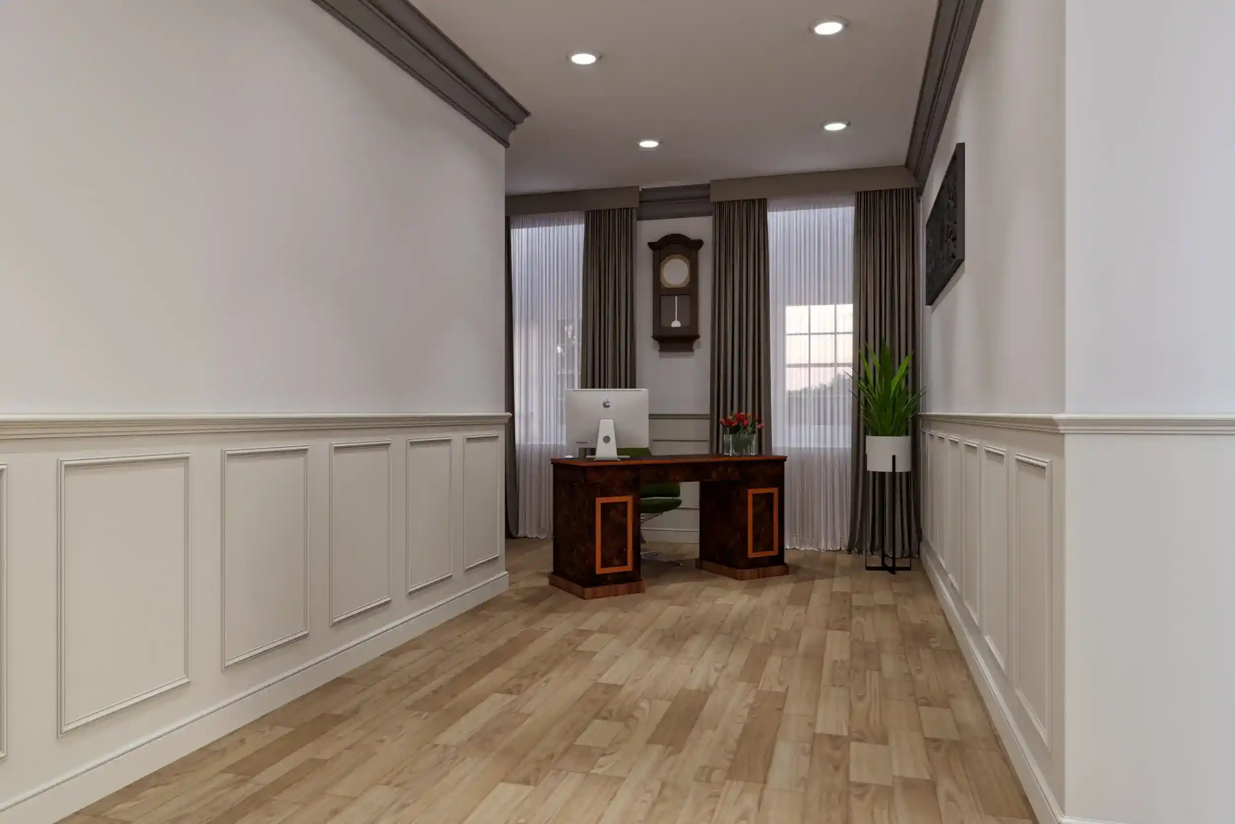 3D architectural visualisation of a law firm corridor with SketchUp modelling of wainscoting, custom wood flooring, a table, window curtains and a clock.