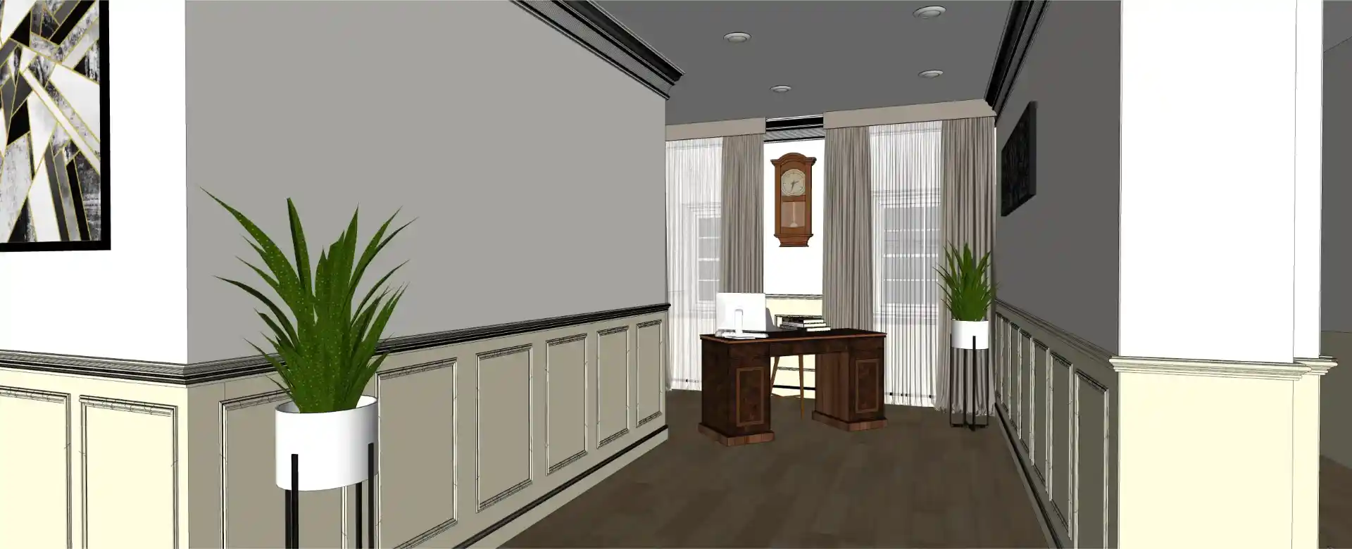 Architectural SketchUp model of a law firm corridor leading to an executive desk, highlighting precise wainscoting and interior spatial planning.