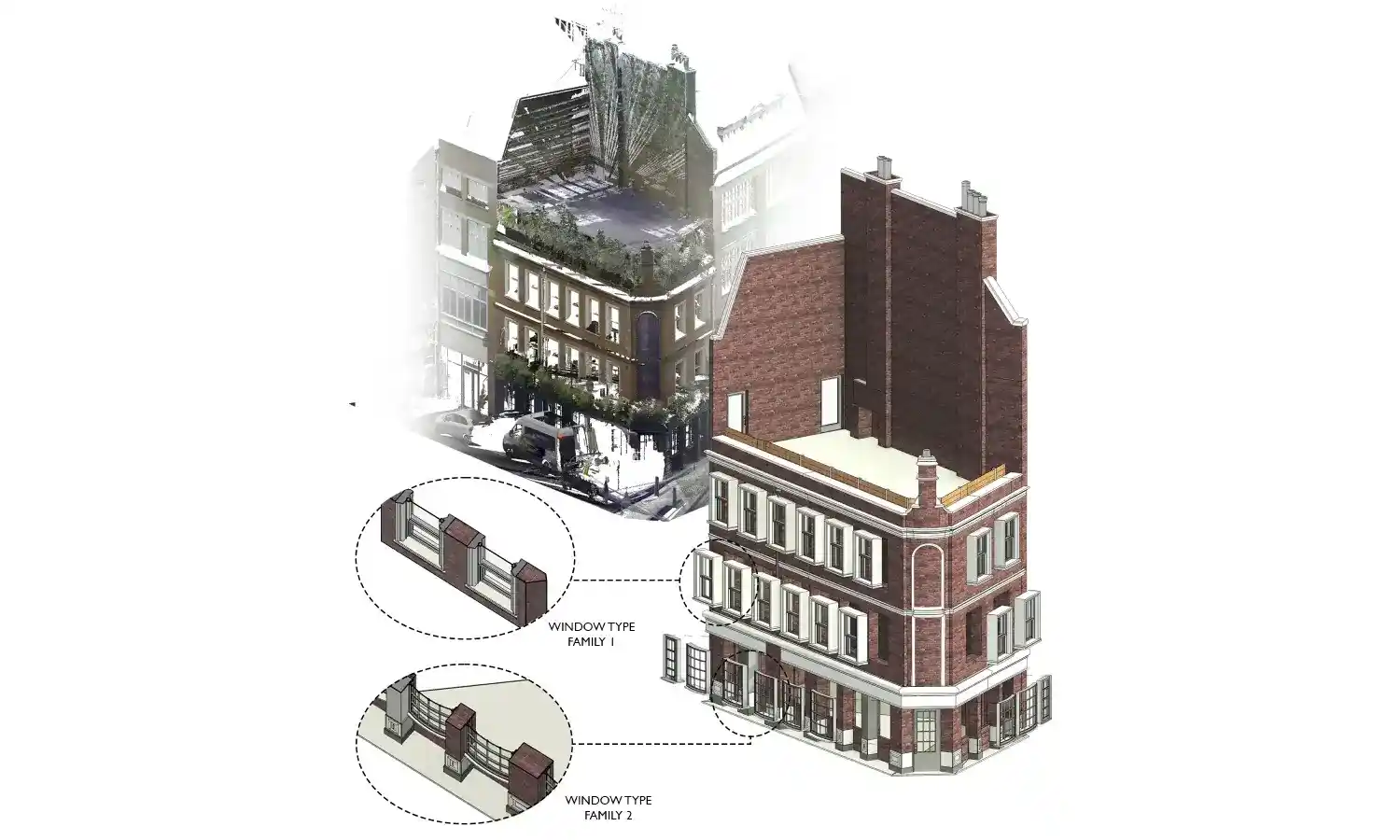 LOD 300 Revit model and raw point cloud data of a heritage building, featuring detailed callouts of custom parametric window families.