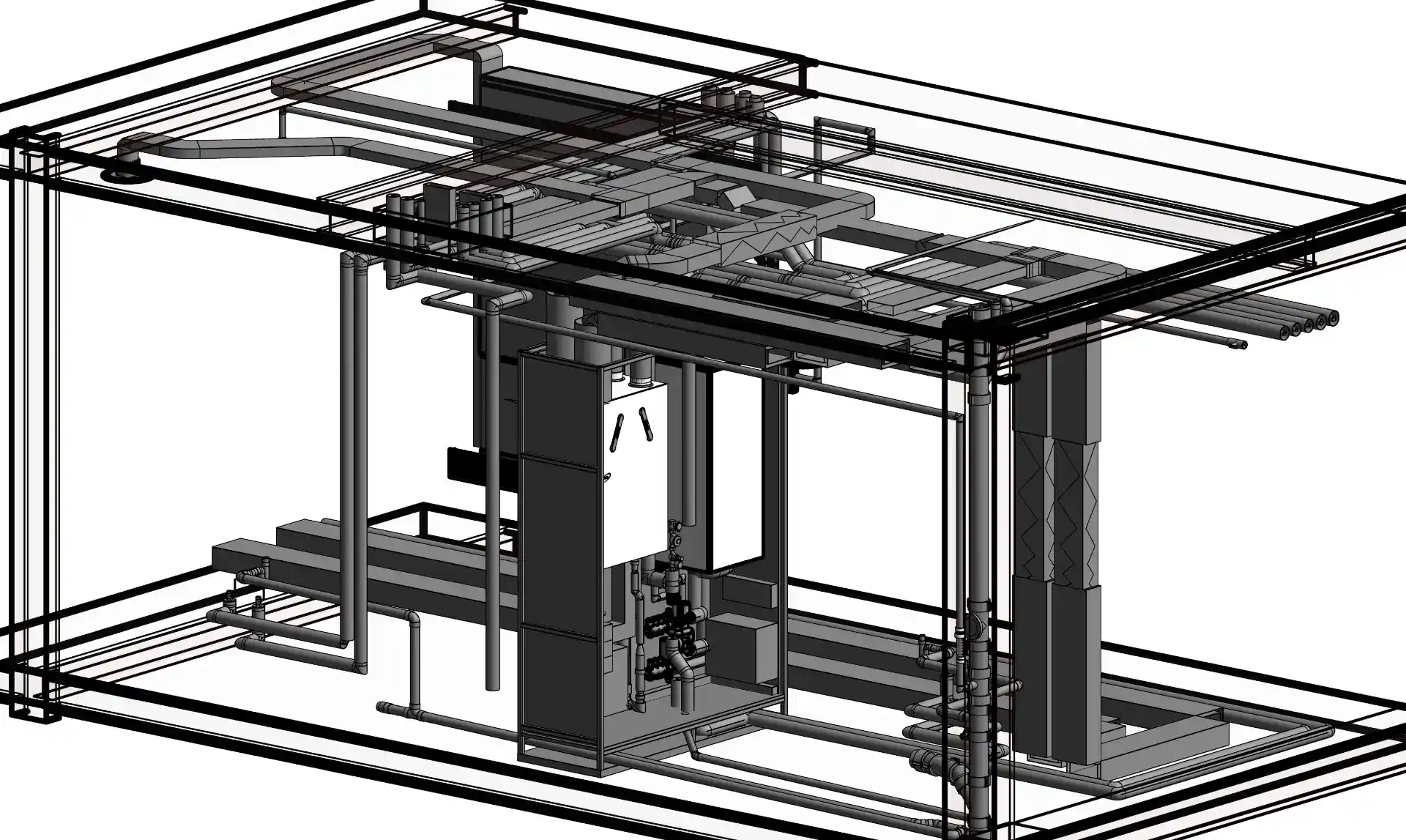 Close-up 3D BIM model of an MEP plant room in Battersea Power Station, detailing high-level pipework, ventilation, and equipment placements.