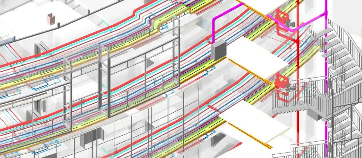 3D Revit model view of coordinated MEP piping and mechanical systems routed seamlessly alongside a staircase in the TVC Tower.