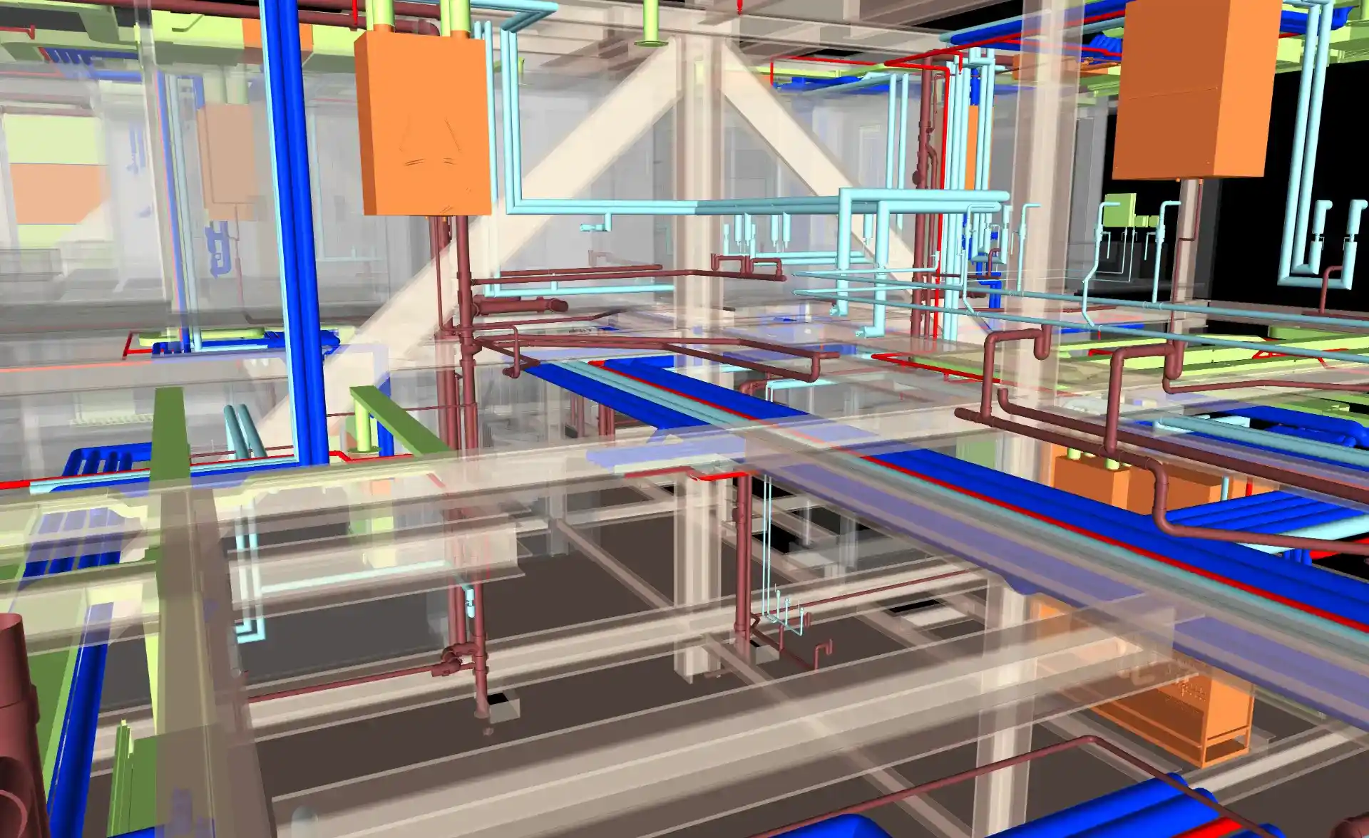 Close-up interior view of the coordinated LOD 350 BIM model, showing clash-free integration of colourful MEP pipework within structural beams.