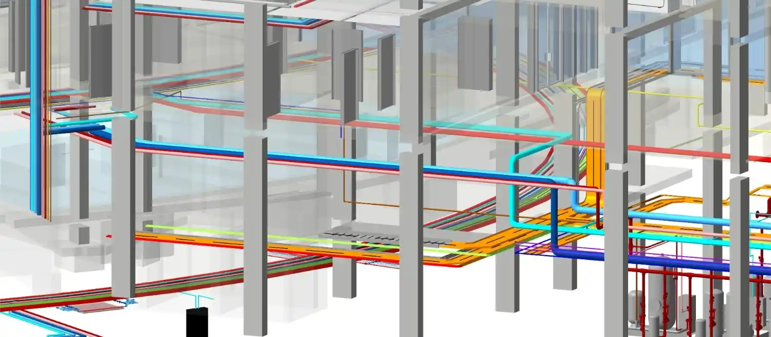 Close-up 3D Revit model displaying clash-free MEP piping and ductwork coordination within the structural columns of the London TVC Tower.