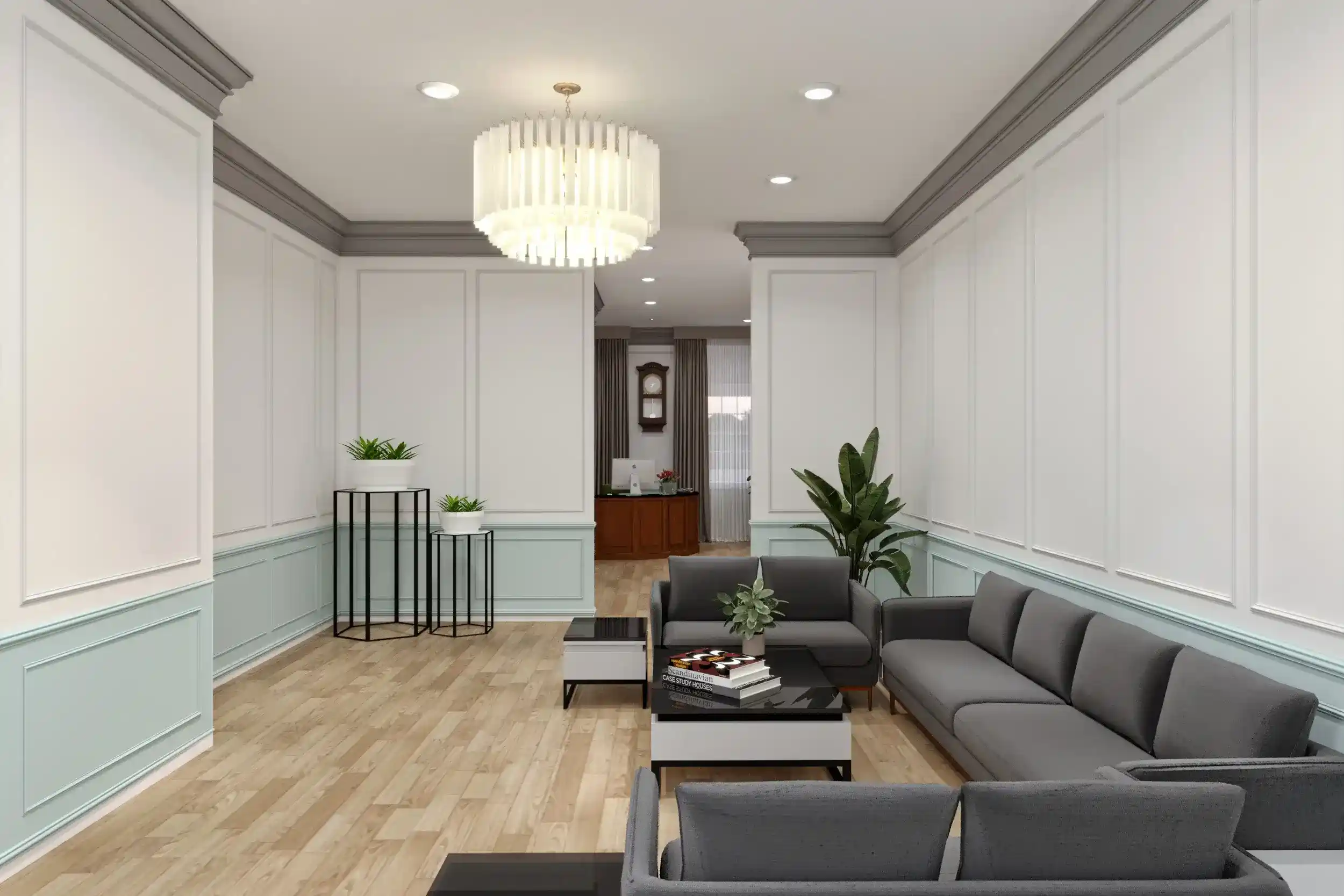Photorealistic 3D interior render of a law firm lounge area, featuring comfortable grey seating, elegant wainscoting, and modern lighting.