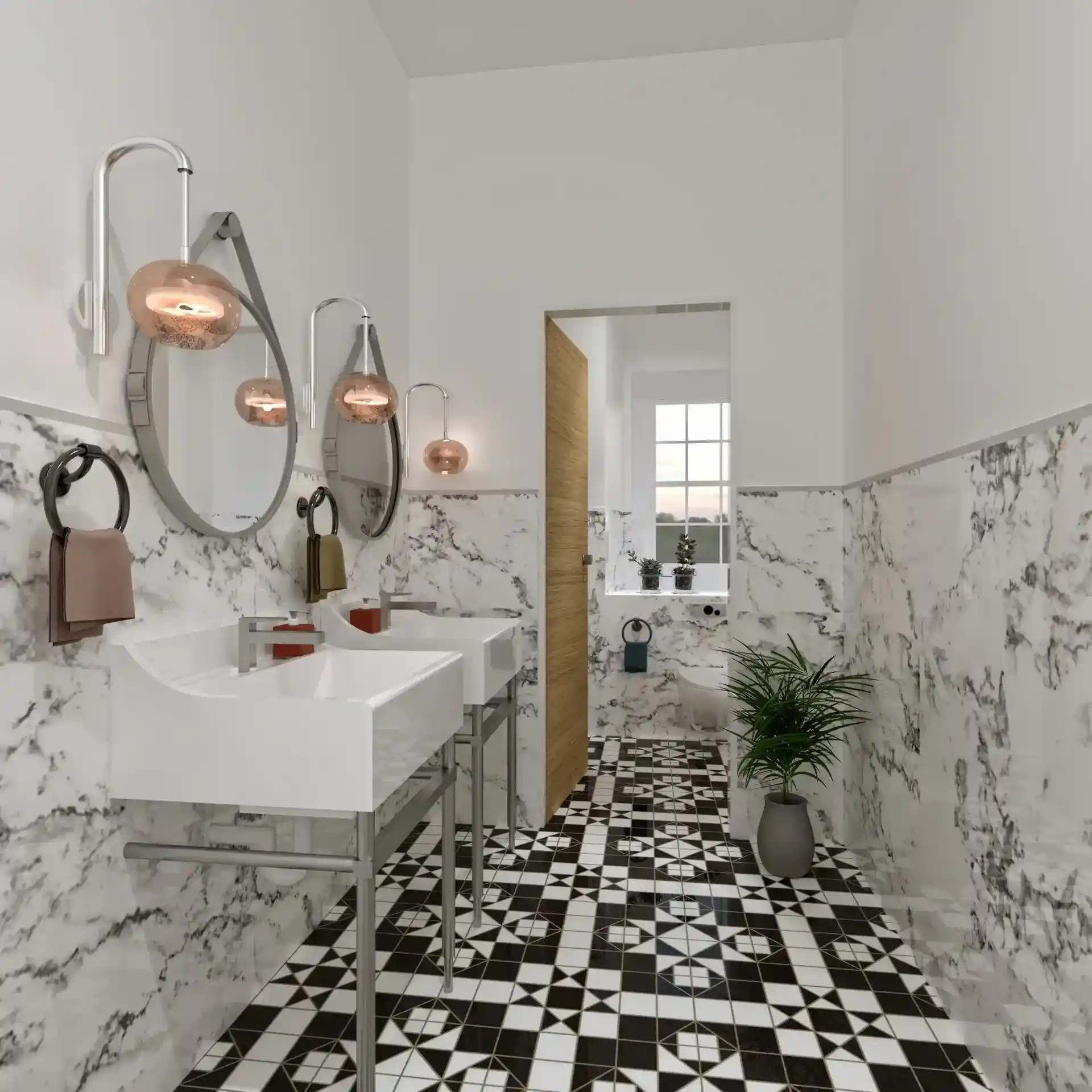 Highly detailed 3D interior render of a office washroom, featuring realistic marble walls, a double vanity, and patterned floor tiling.