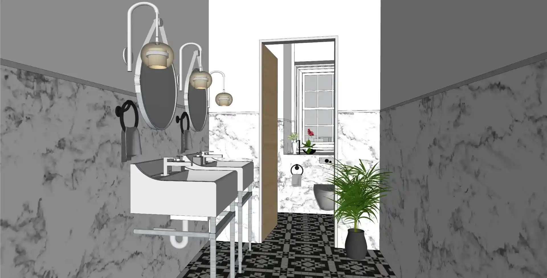 3D SketchUp model of a office washroom design, showcasing spatial arrangement for double vanities, mirrors, and wall texturing for the law firm.