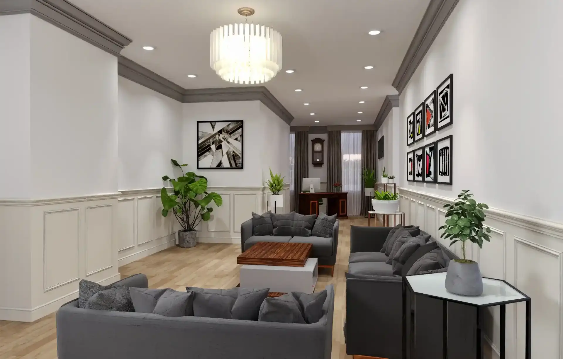 Realistic 3D interior render of a London office waiting area, showcasing detailed architectural BIM and SketchUp modelling for Payne Hicks Beach.