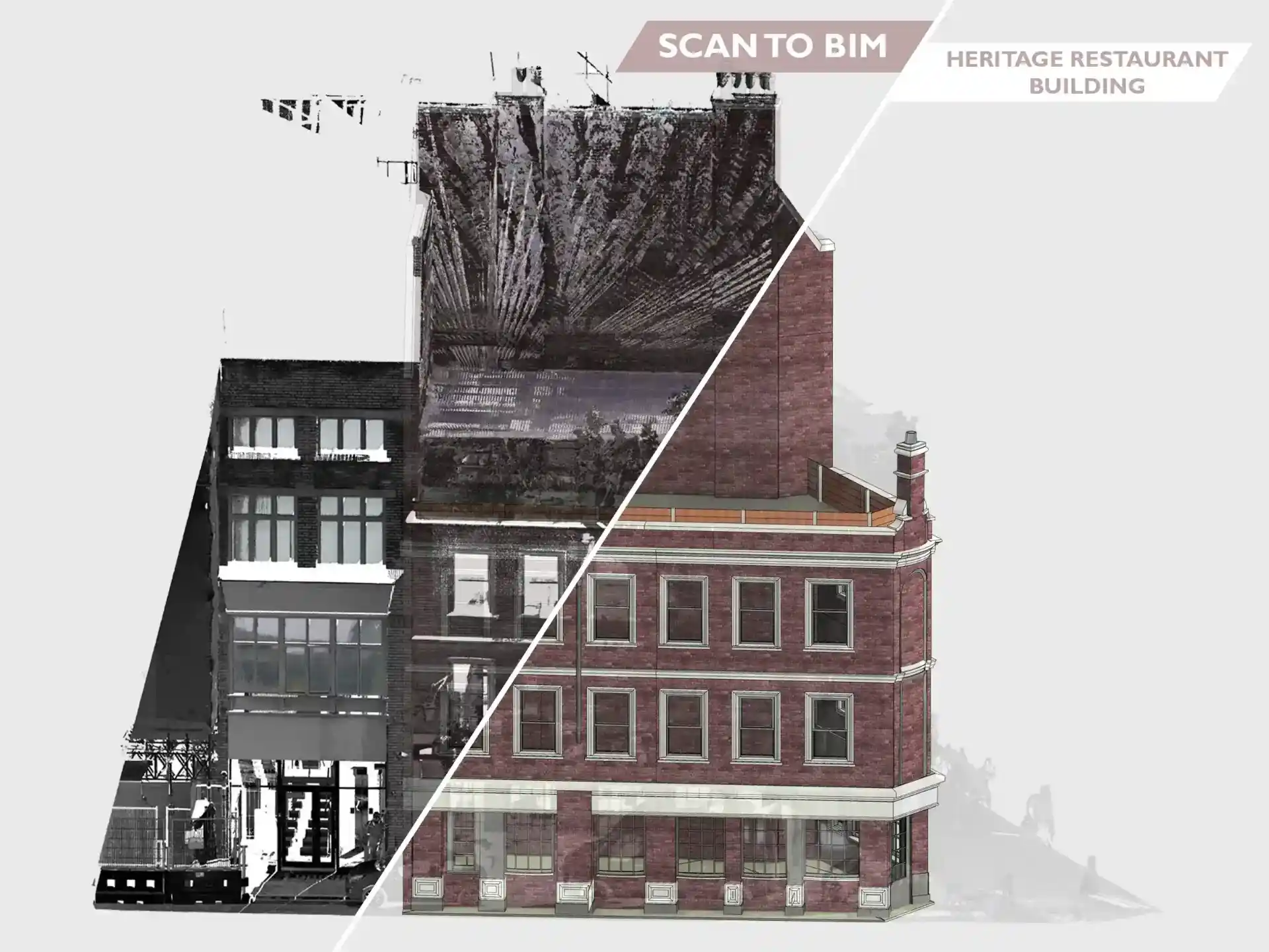 Split-screen comparison of the Piccadilly heritage restaurant, showing raw point cloud data transitioning into an LOD 300 Revit facade model.