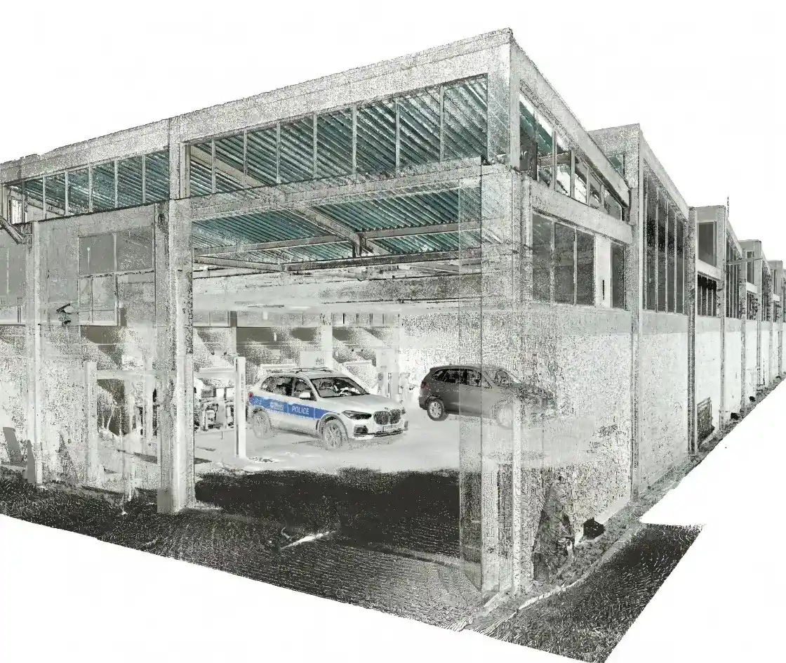 Raw 3D point cloud data scan of a UK police complex vehicle garage, acting as the foundation for highly accurate structural scan to BIM modelling.