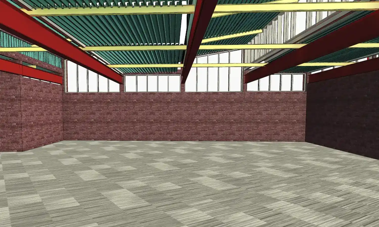 Detailed 3D Revit model interior view of the police complex garage, displaying structural steel beams, brick walls, and roofing elements.