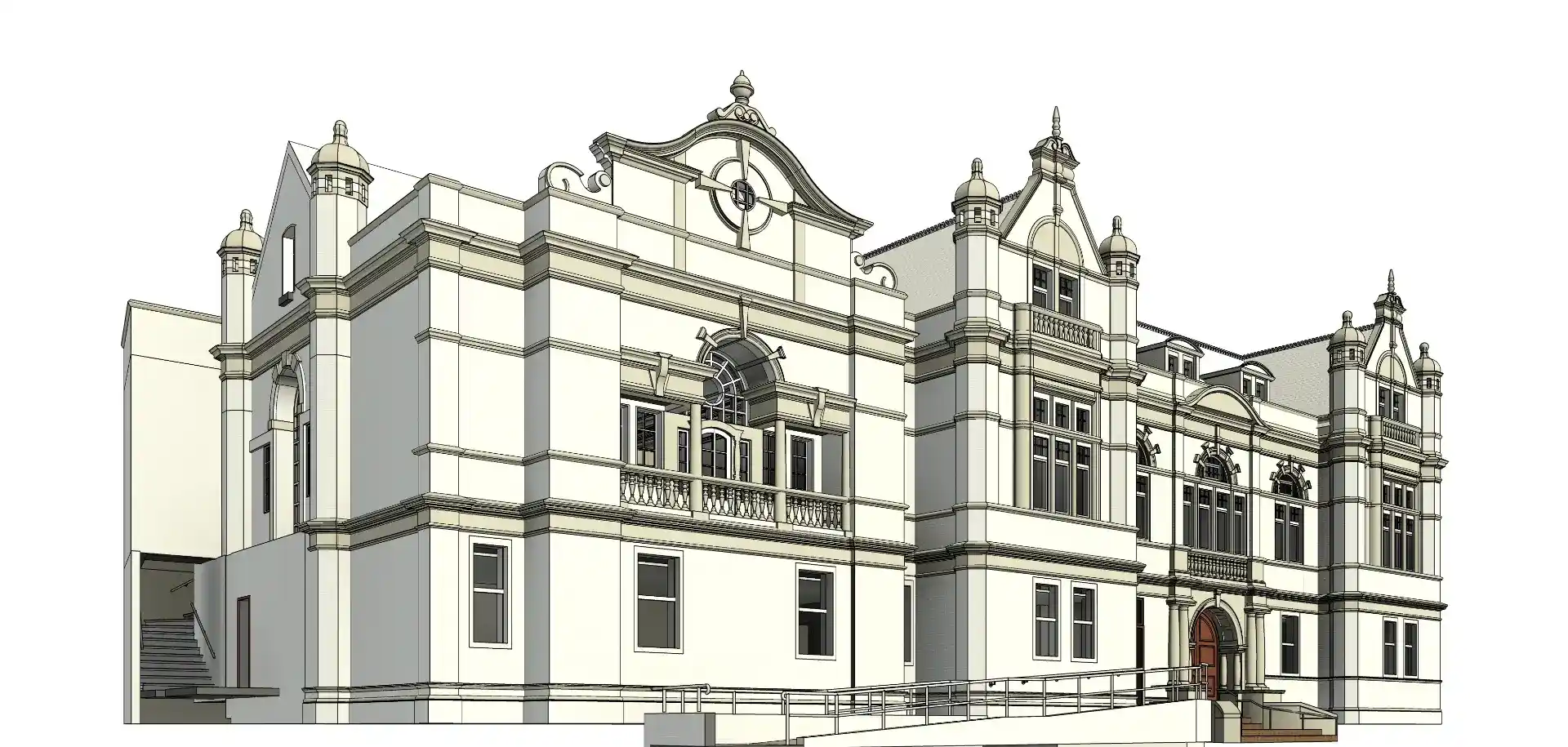 3D Revit model of a UK public townhall, showcasing intricate architectural facade details, wall sweeps, window trims, and entrance steps.