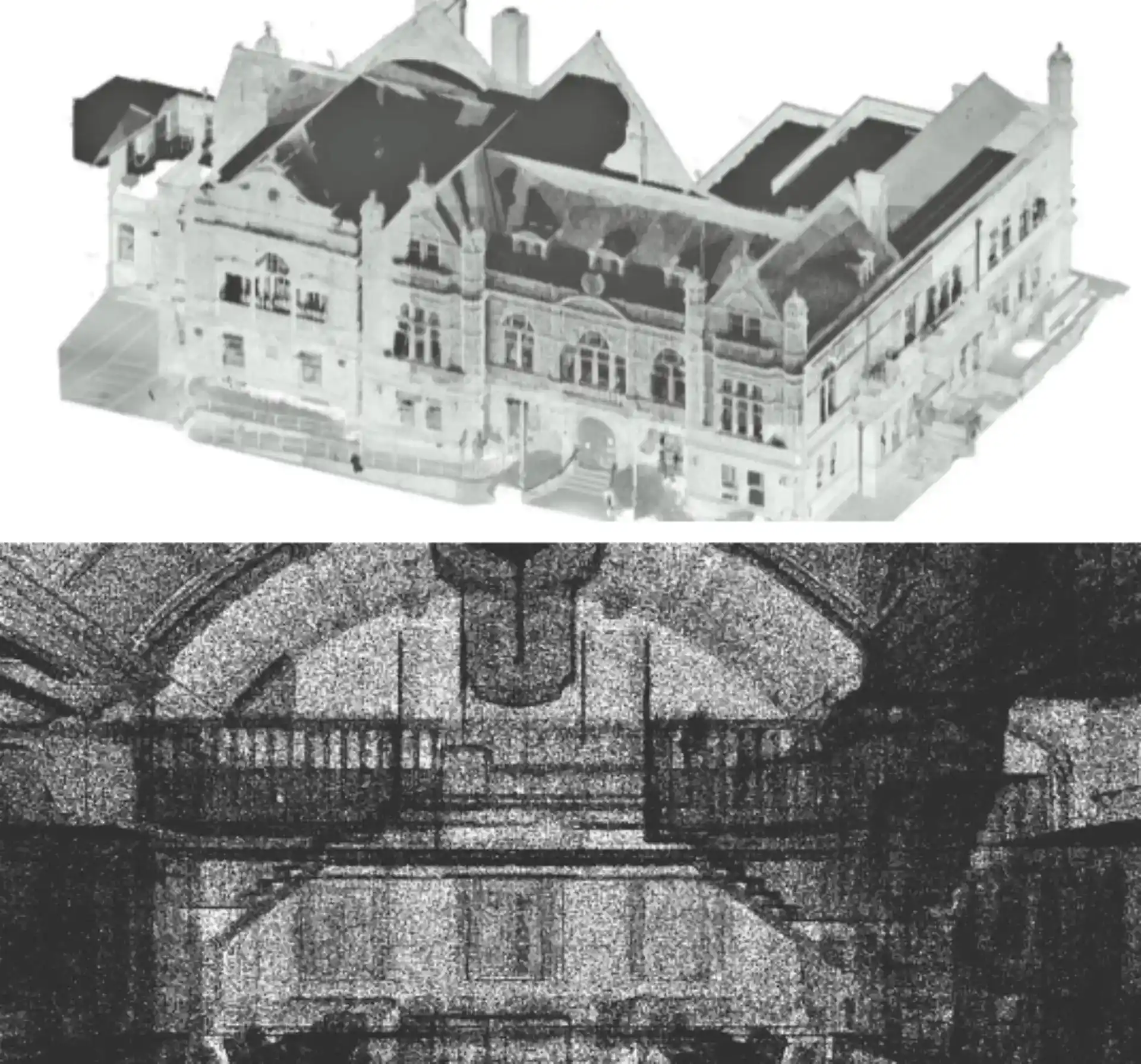 Raw point cloud data scans of a UK public town hall, displaying both the complex exterior building facade and detailed interior architectural arches.