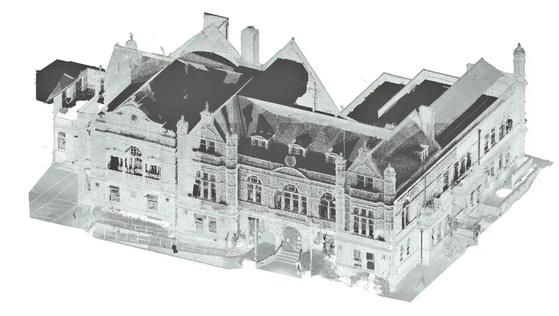 Complete exterior point cloud laser scan of the UK public town hall, capturing the precise architectural geometry of the facade and pitched roof.