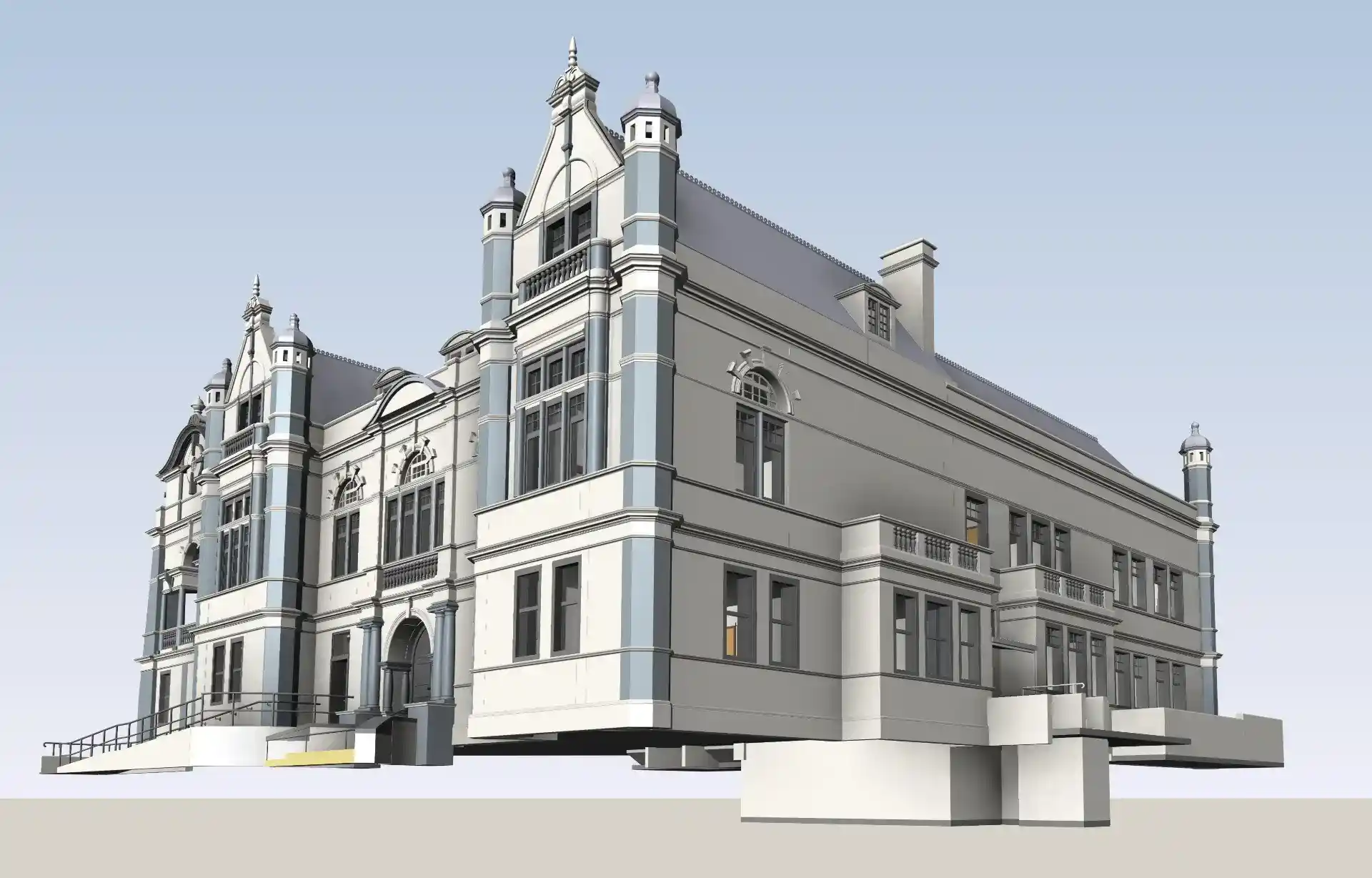Exterior LOD 300 3D Revit model of the historic UK public town hall, clearly displaying the structural facade, pitched roofs, and dormer details.