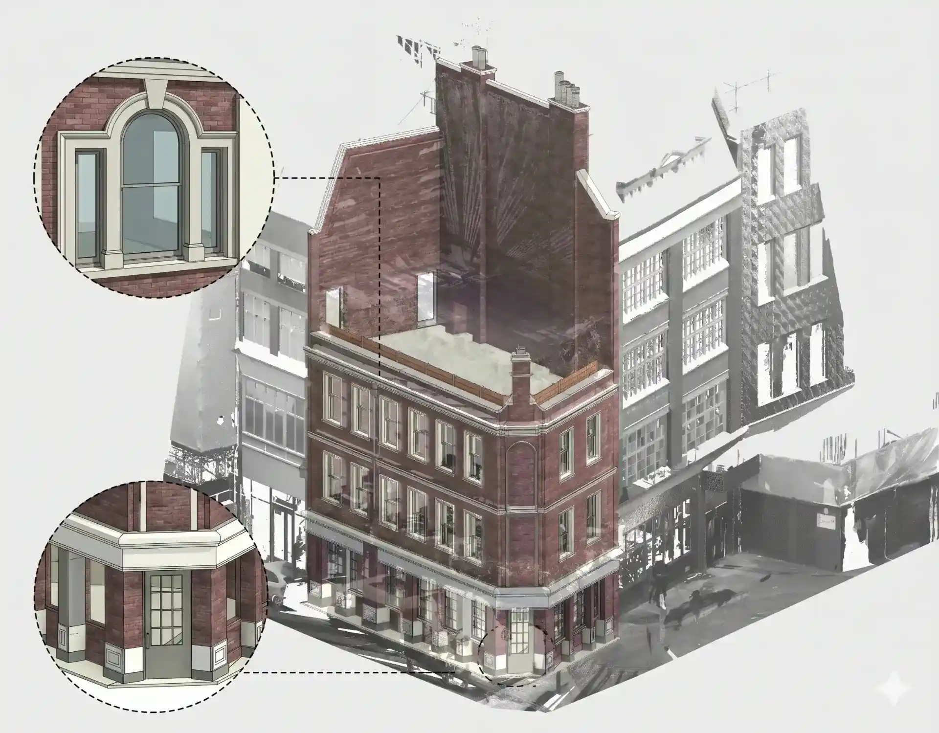 Detailed LOD 300 Revit model of a London heritage facade, featuring close-up callouts of custom parametric window and door families.