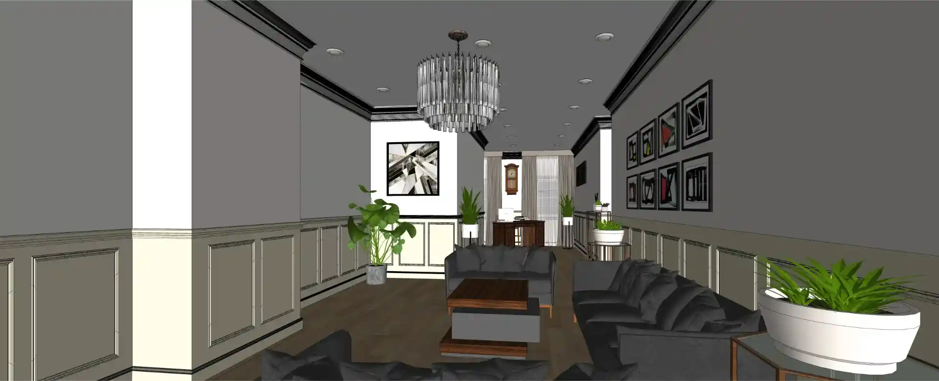 Detailed SketchUp model of an office lounge layout, demonstrating spatial planning, furniture placement and detailing.