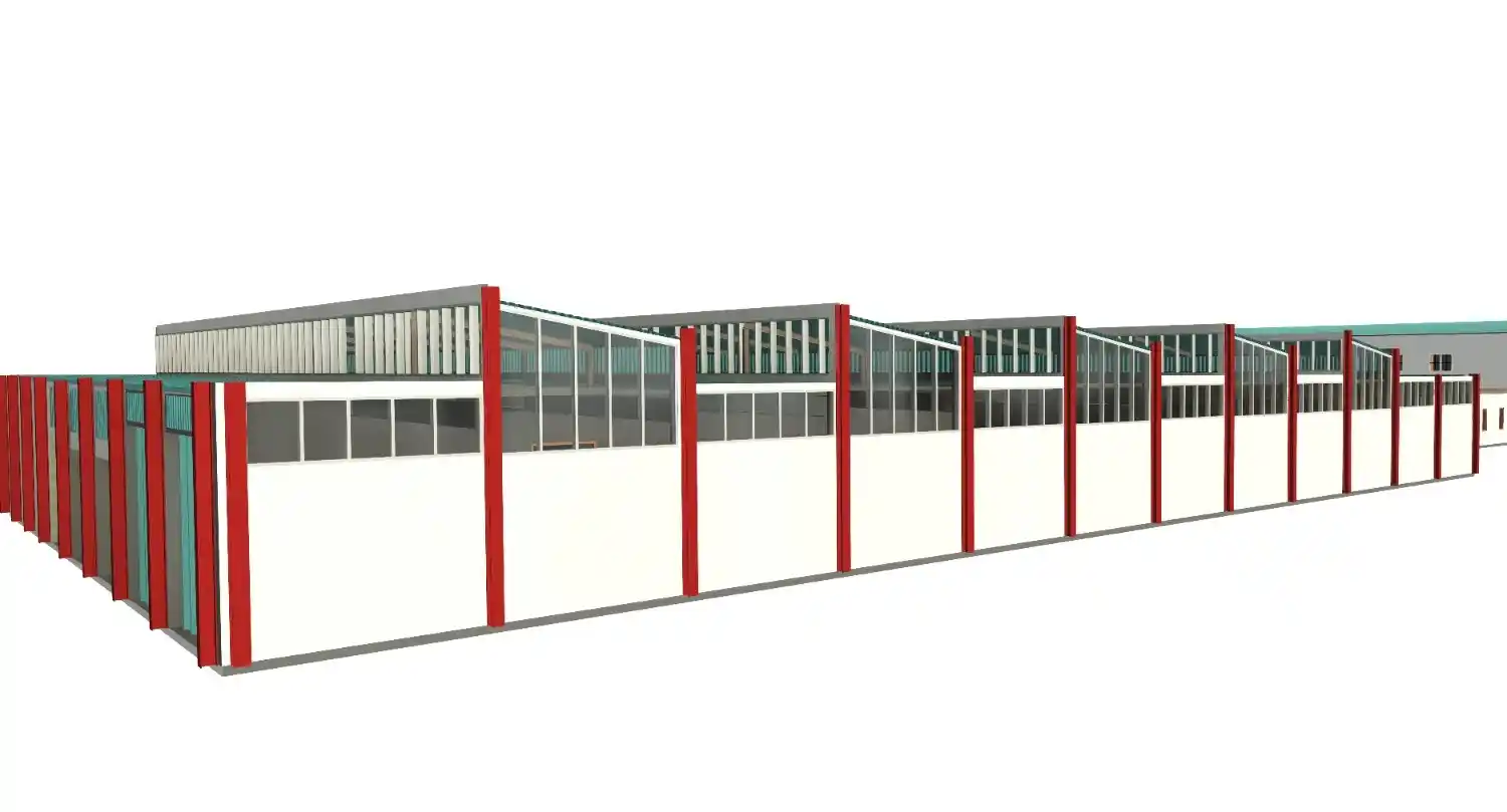 LOD 300 3D Revit model of the police complex steel building facade, showing the completed sawtooth roof and red structural columns.