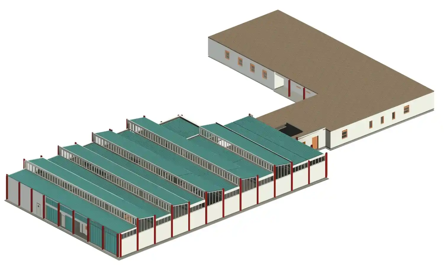 LOD 300 3D Revit model of the UK Police Complex, highlighting the steel structure building's architectural walls, columns, and sawtooth roof.