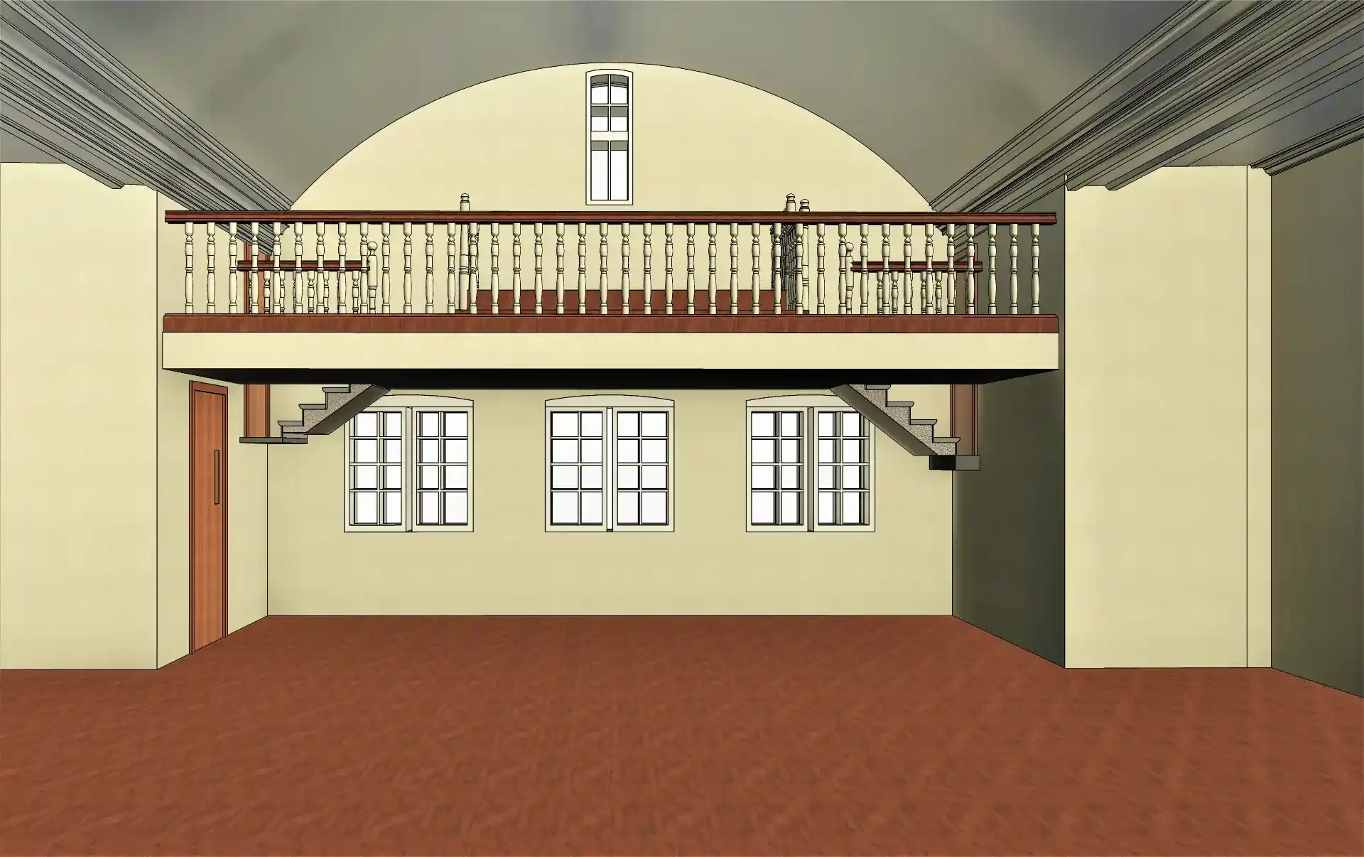 Detailed 3D interior Revit model of the public town hall, showcasing an architectural arched ceiling, wooden balcony railings, and large windows.