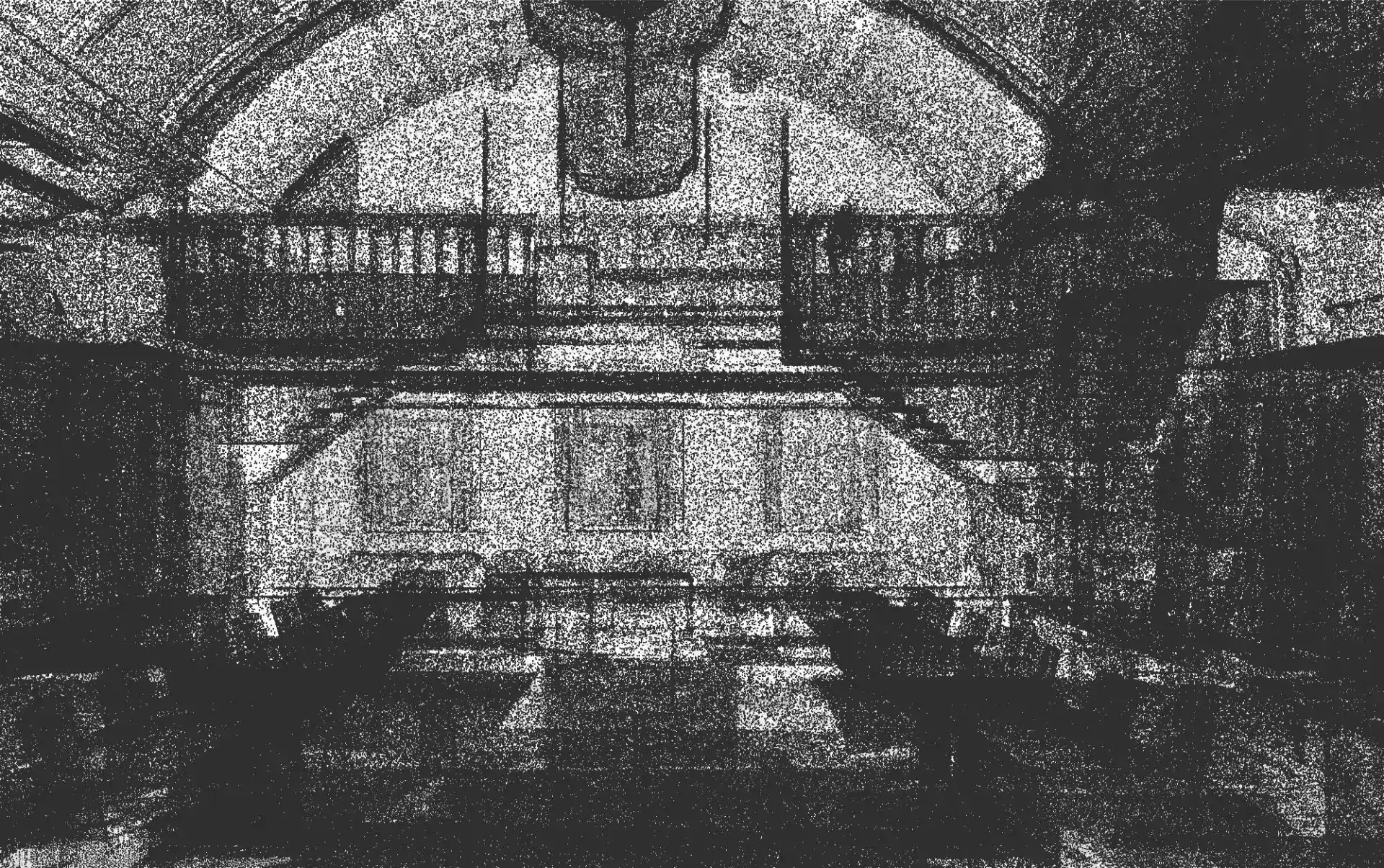 Raw 3D point cloud interior scan data of the UK public town hall, capturing the detailed structural layout of an arched ceiling and balcony.
