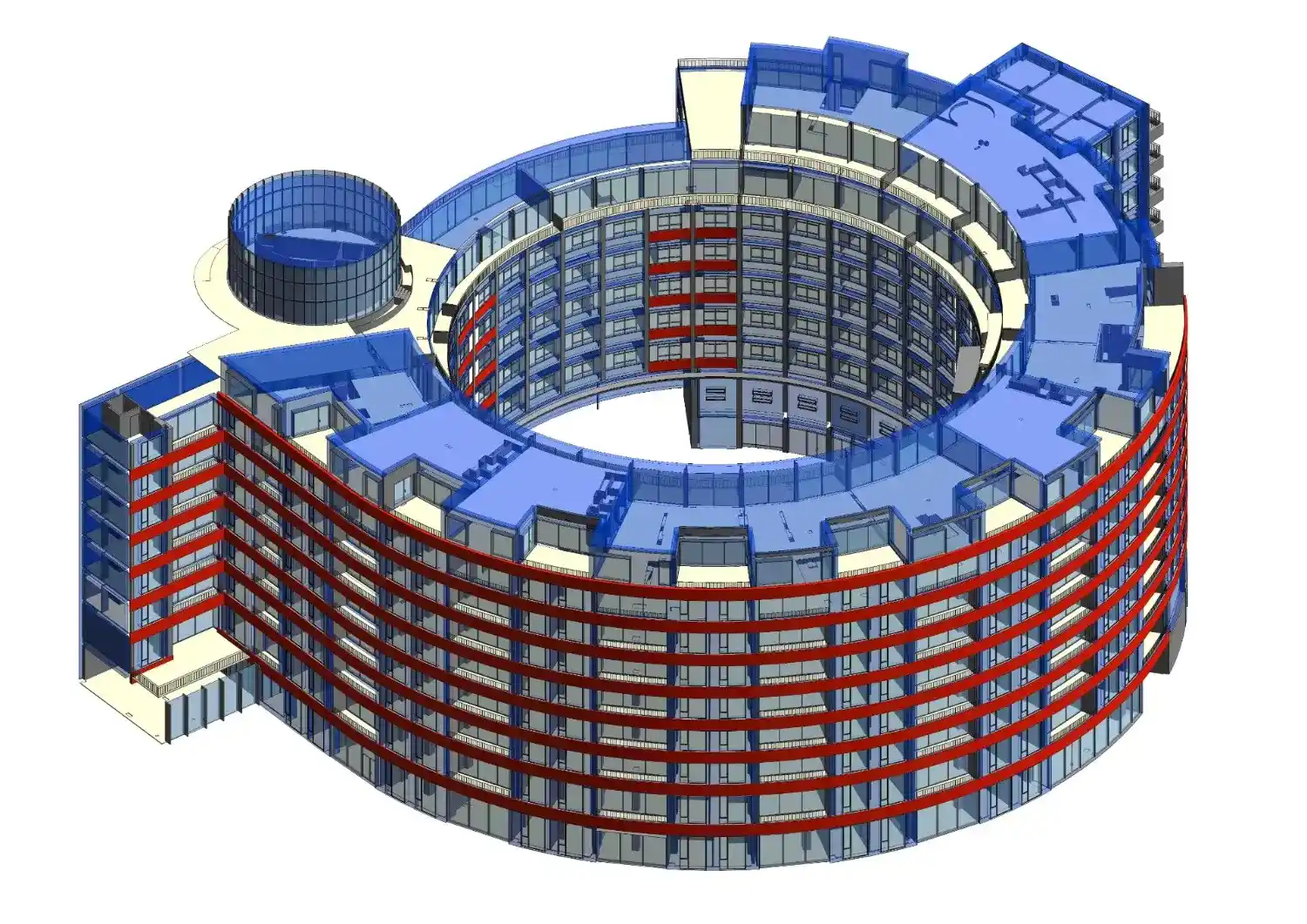 Architectural 3D Revit model of London TVC Tower, displaying the massive 700,000 square foot circular layout and floor slabs.