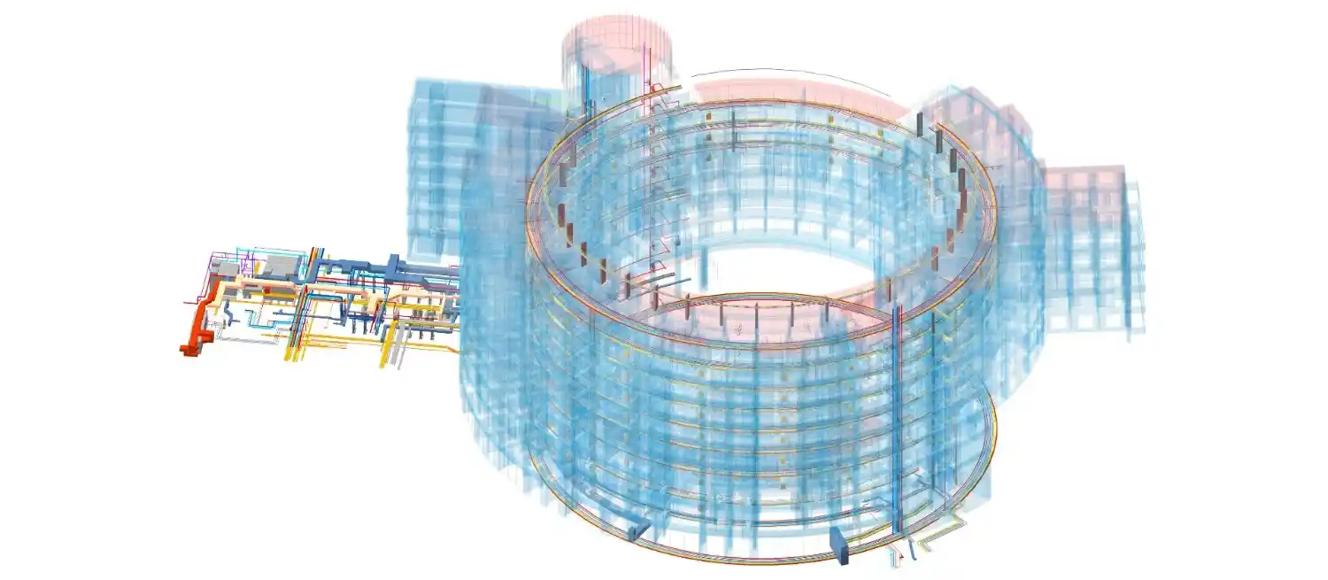architectural 3D model of the TVC Tower, revealing the massive scale of internal MEP systems and plant room integration.