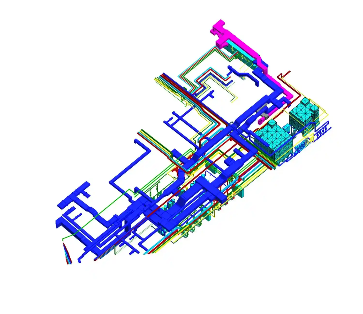 Detailed 3D isometric model of the complex mechanical ductwork, colorful piping, and plant equipment for the TV Tower project.