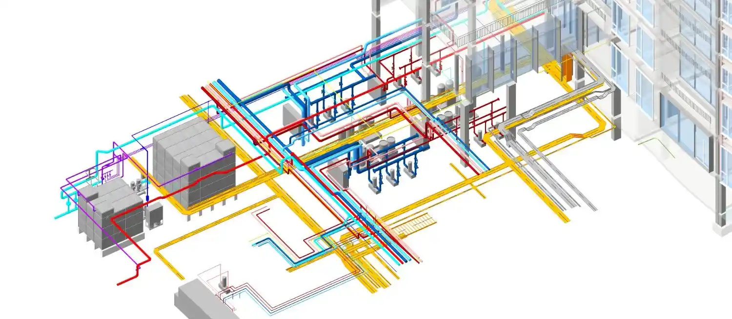 Detailed 3D Revit model of the TVC building plant room, showing large mechanical equipment and color-coded piping connecting to the structure.