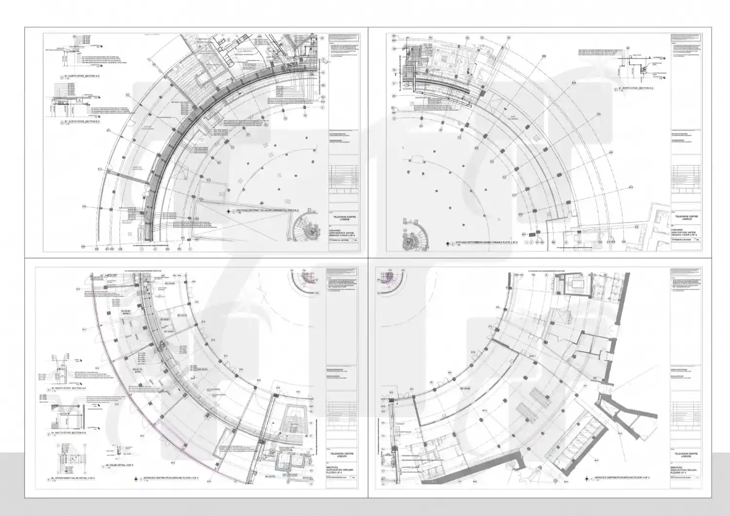 Collage of detailed 2D MEP shop drawings, installation layouts, and stair sections created for the 8-floor London TVC broadcasting building.