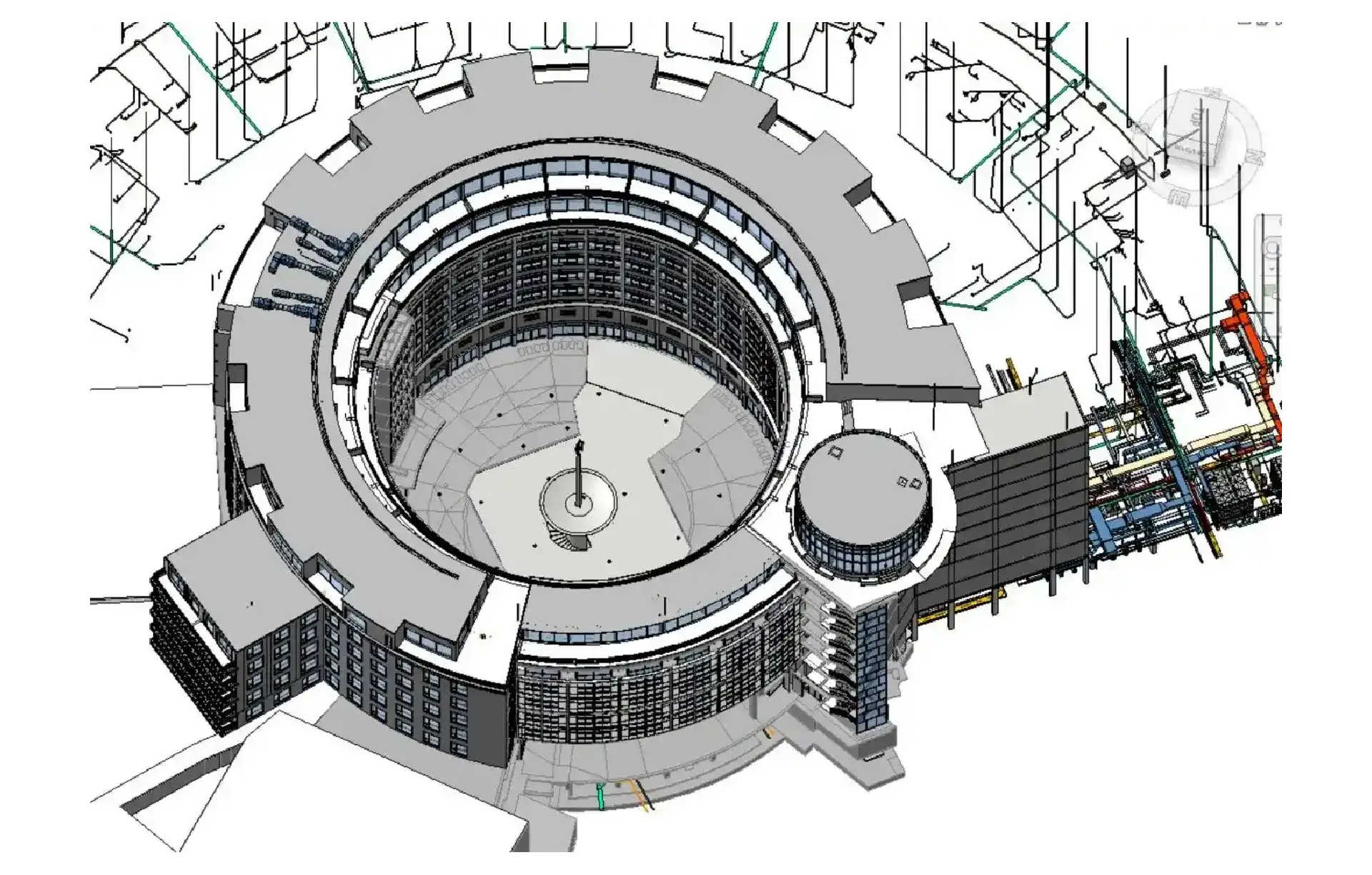 Multidisciplinary 3D Revit model for the London TVC Tower, highlighting the circular architectural layout and MEP coordination.