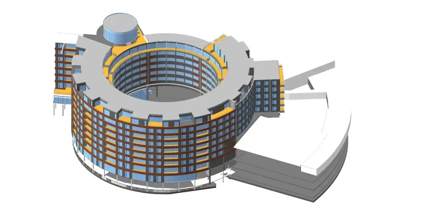 3D Architectural Revit model of the circular TVC Tower in London, showcasing the multi-level facade and structural layout.