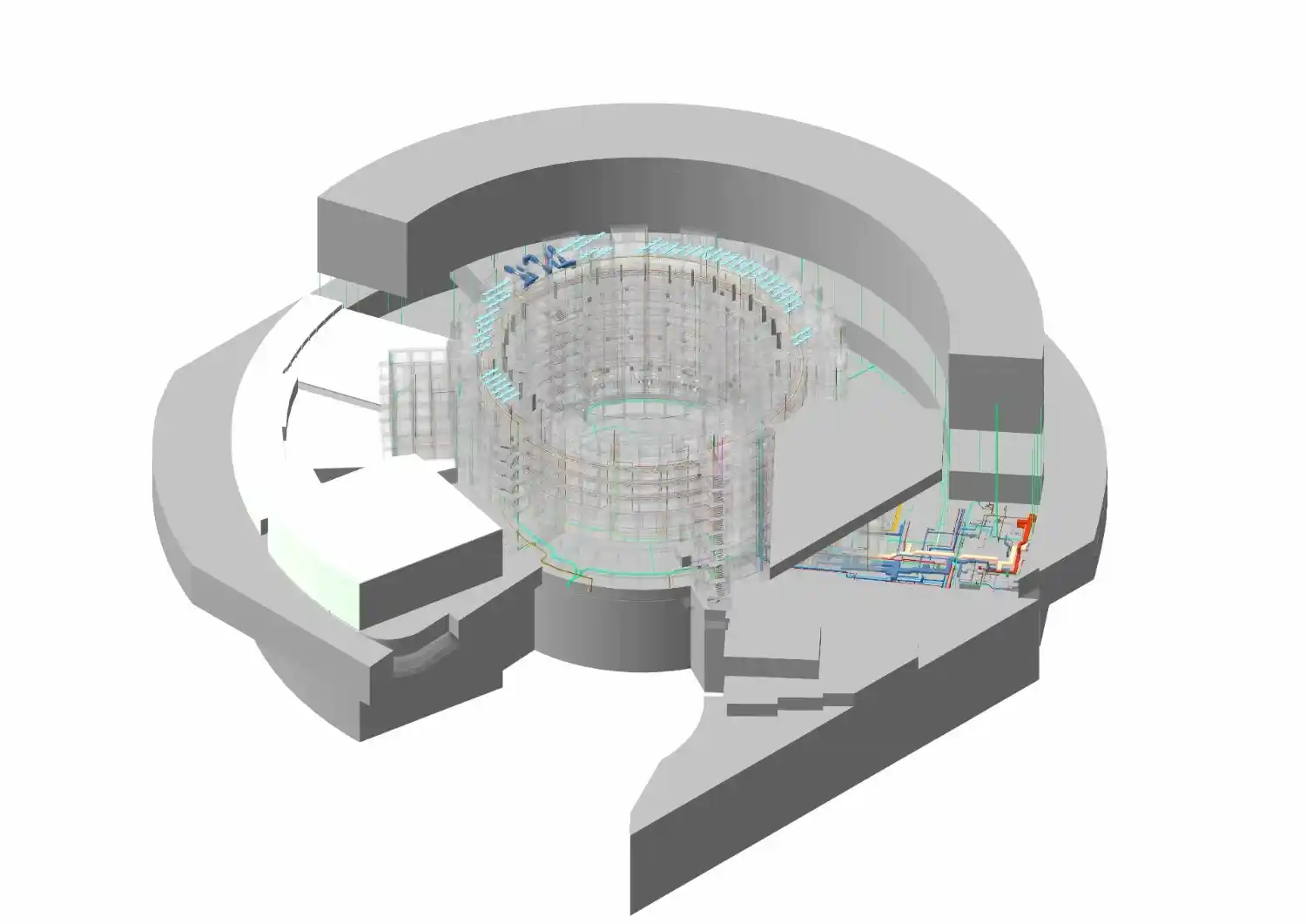 3D cross-section model of the TVC building, displaying the two basement levels, ground foundations, and integrated MEP utility routing.