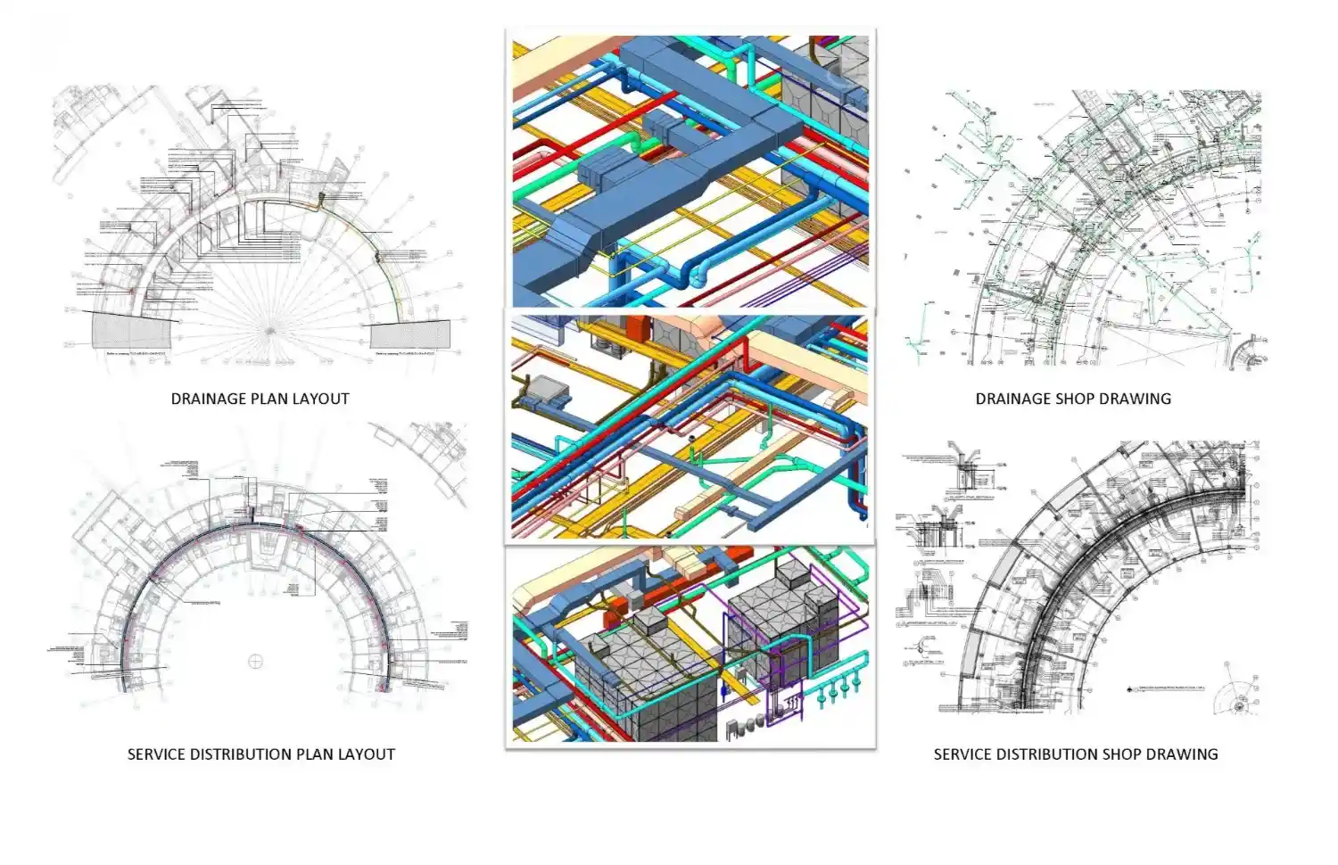 Final project deliverables for the London TVC Tower, showcasing 2D drainage and service distribution shop drawings with 3D coordinated MEP models.
