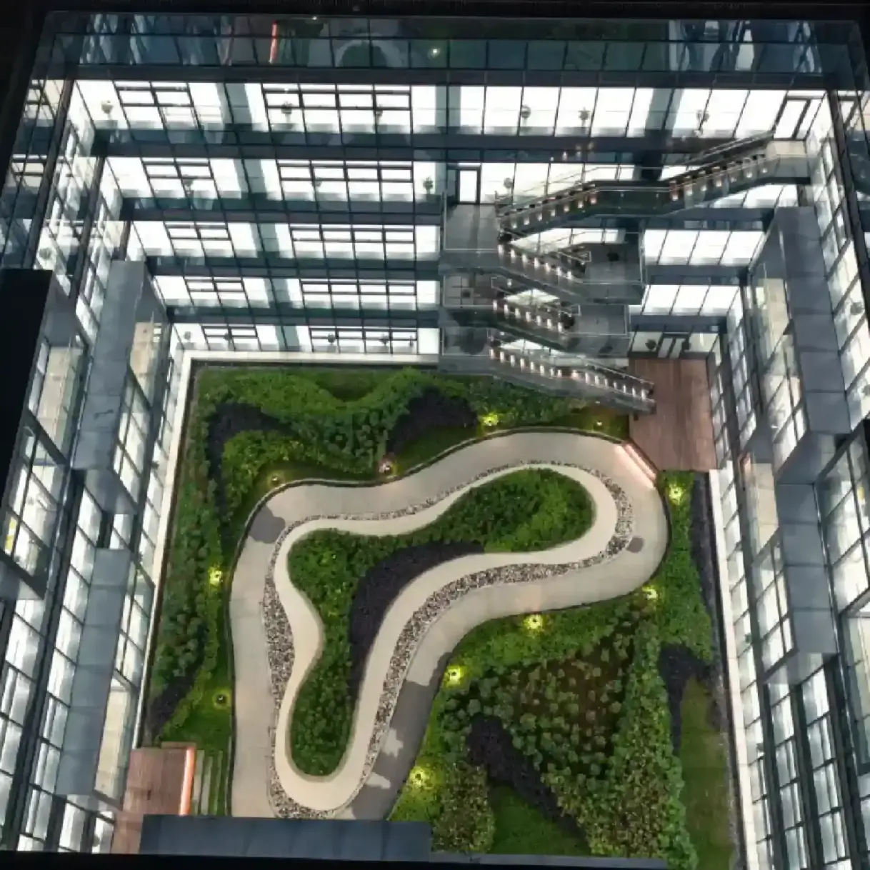 Aerial view of a high-tech building courtyard garden rendered from an architectural BIM model.