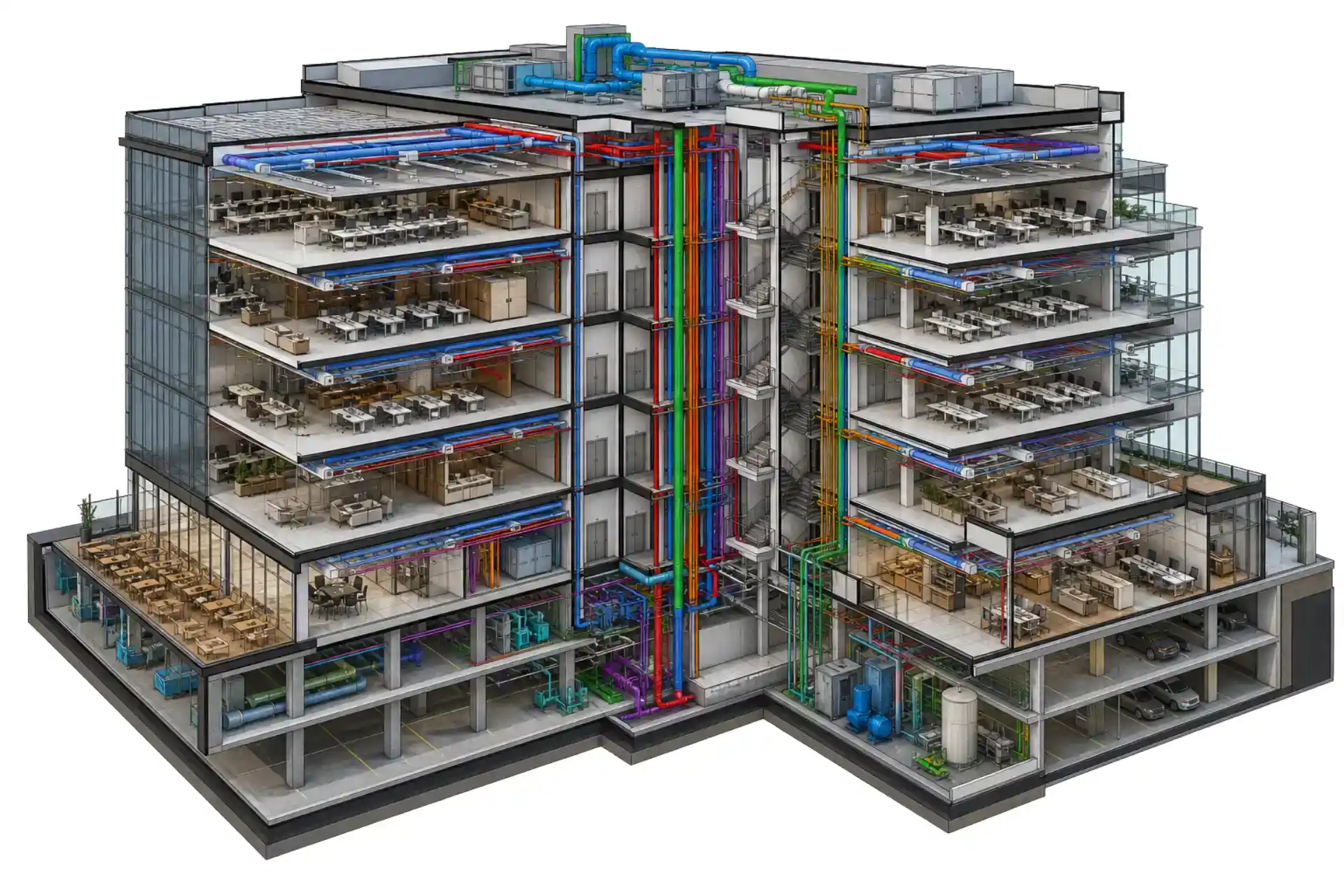 Isometric cross-section of a multi-story commercial building highlighting complex vertical MEP service routing.