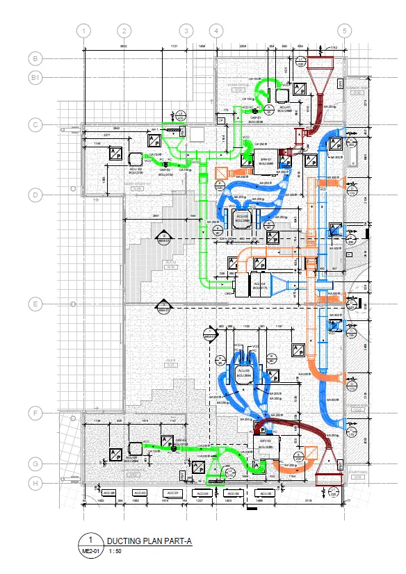Detailed MEP duct layout drawing demonstrating rigorous quality control and buildability checks.